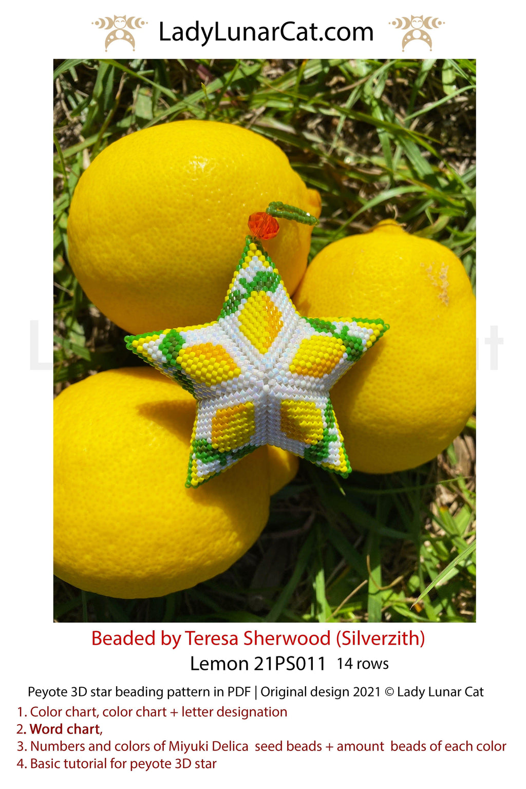 Beaded star pattern - Lemon 21PS011 | Seed beads tutorial for 3D peyote star LadyLunarCat