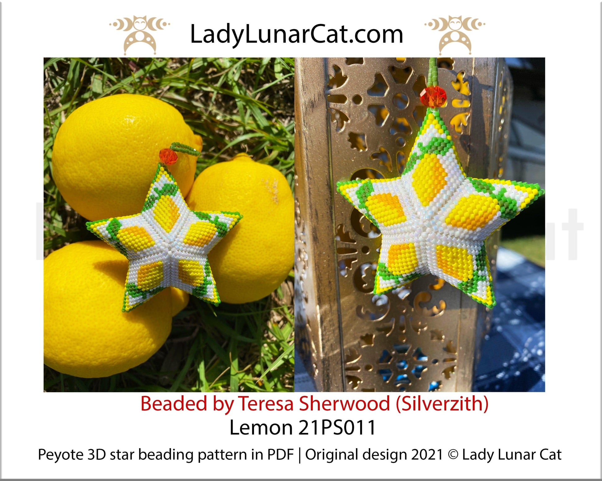 Beaded star pattern - Lemon 21PS011 | Seed beads tutorial for 3D peyote star LadyLunarCat