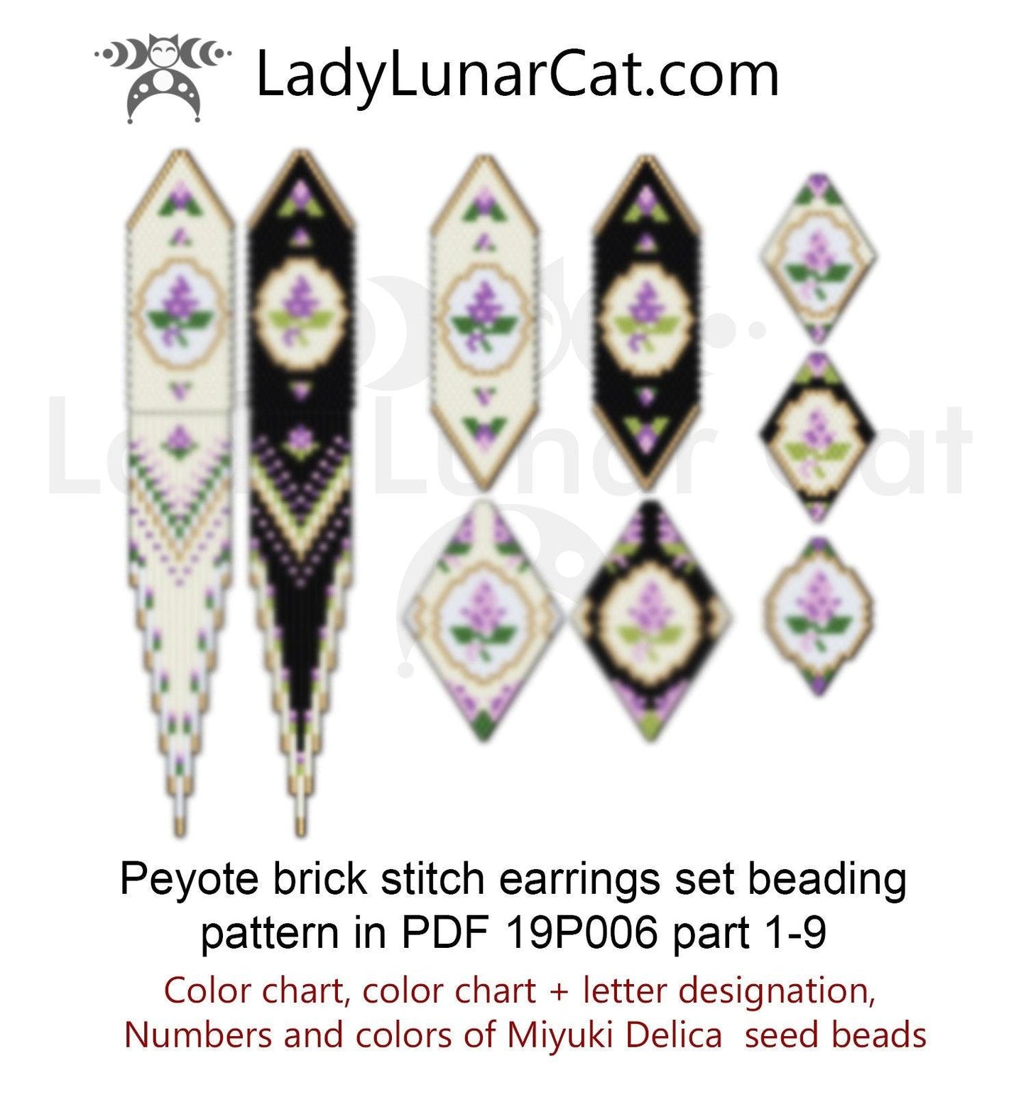 Lilac vintage flowers brick stitch beading earrings set pattern19P006 LadyLunarCat