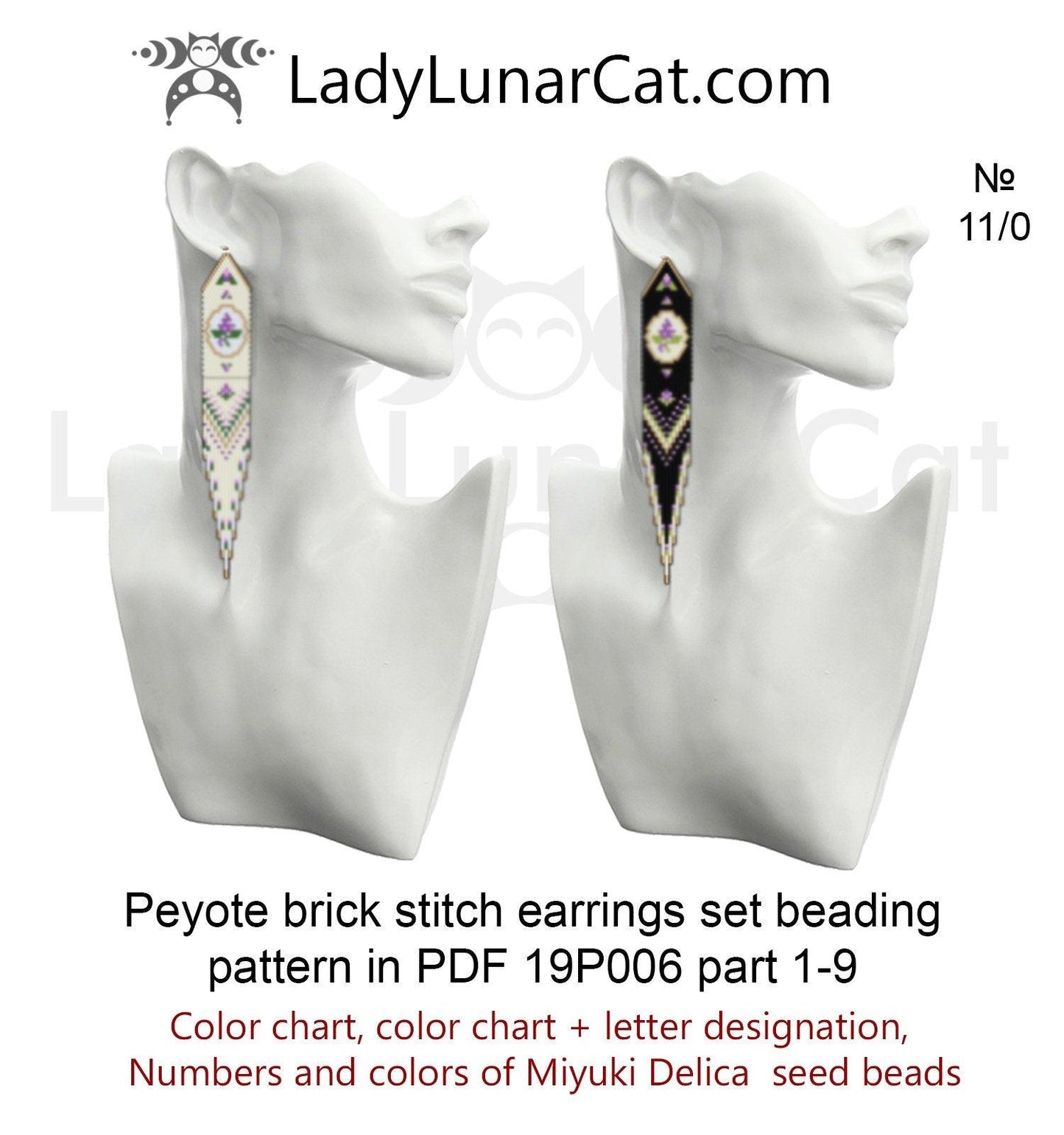 Lilac vintage flowers brick stitch beading earrings set pattern19P006 LadyLunarCat