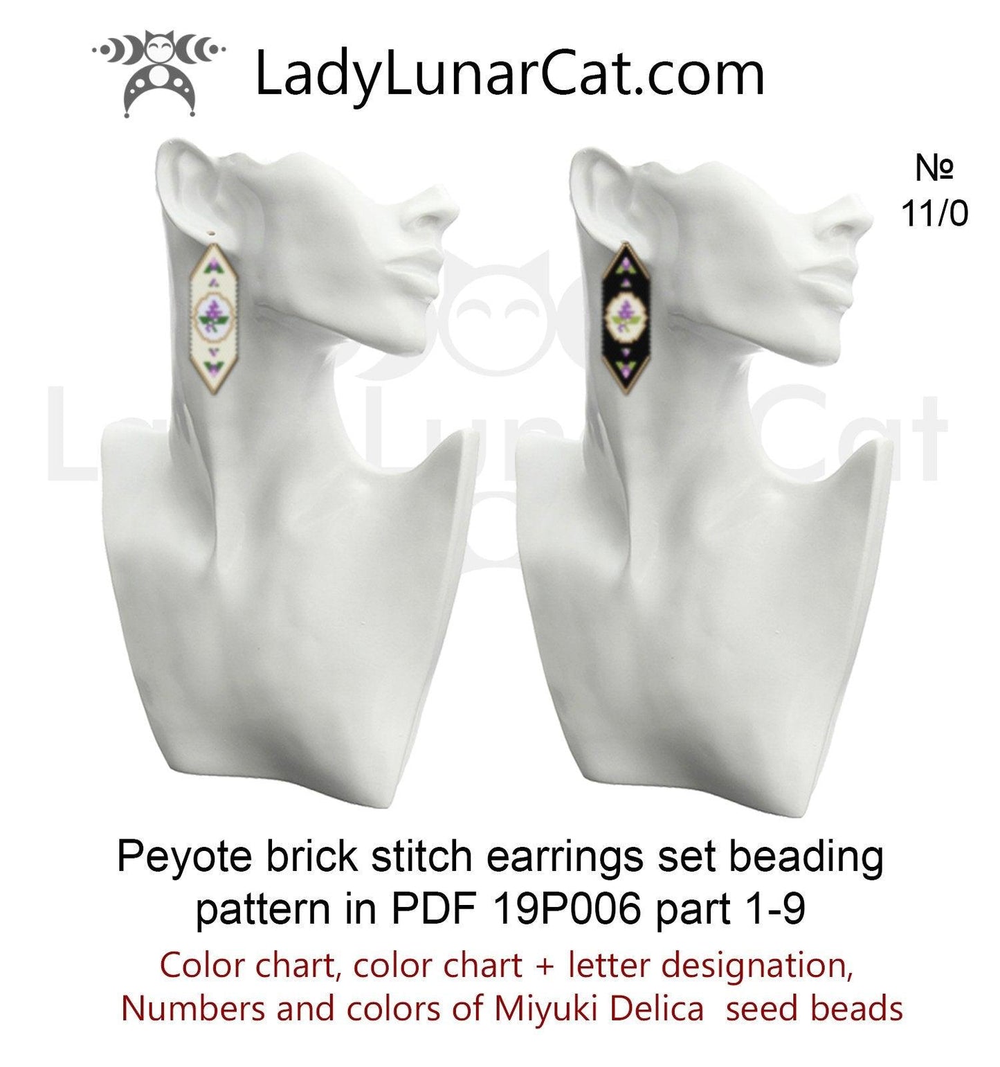 Lilac vintage flowers brick stitch beading earrings set pattern19P006 LadyLunarCat