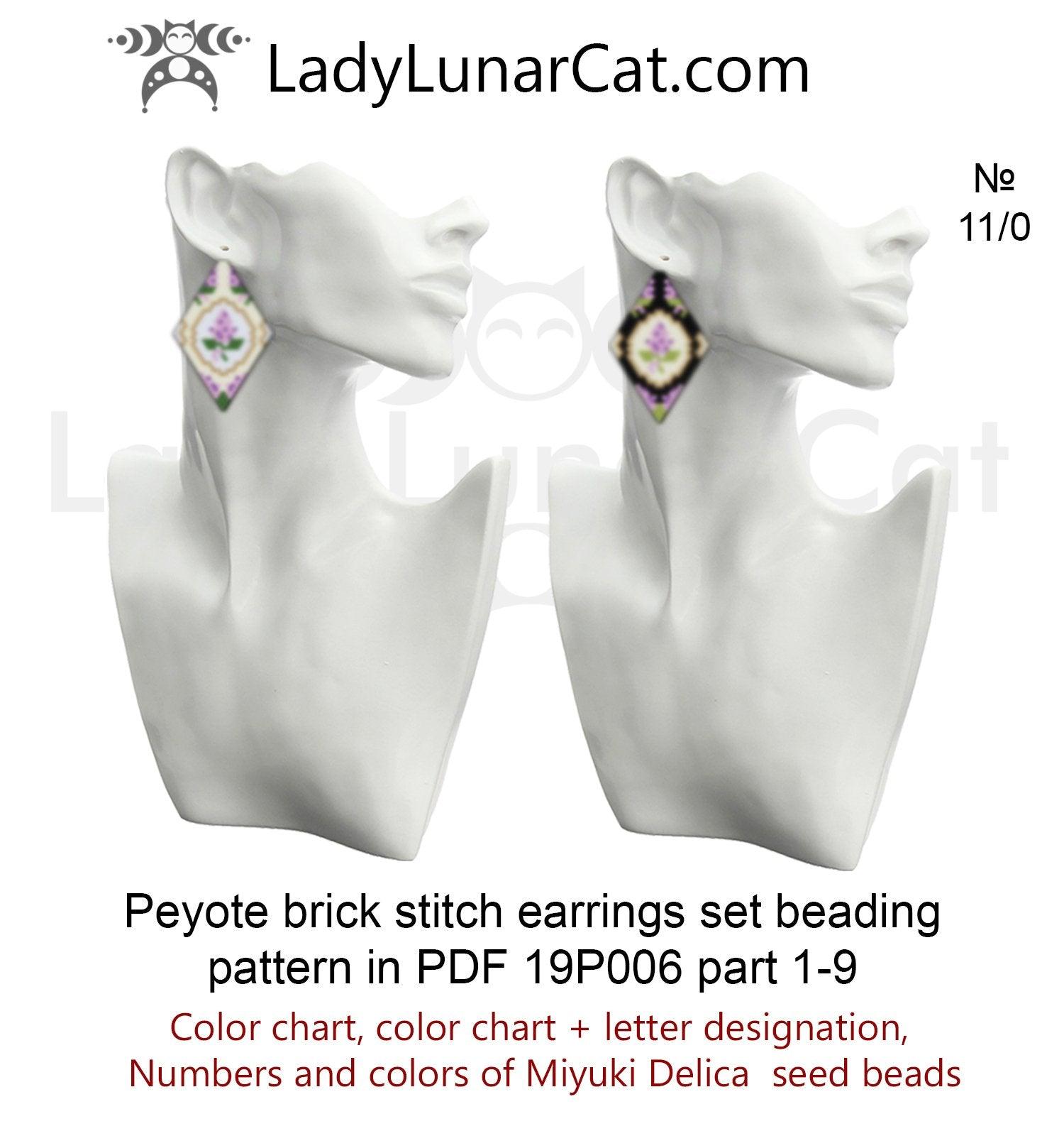 Lilac vintage flowers brick stitch beading earrings set pattern19P006 LadyLunarCat