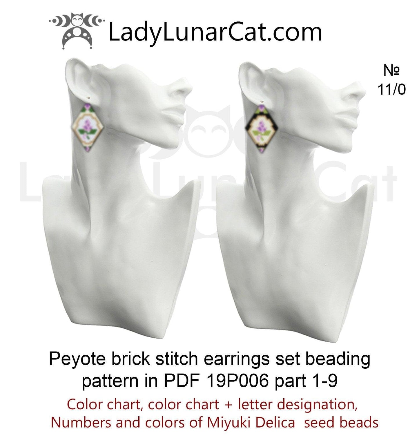 Lilac vintage flowers brick stitch beading earrings set pattern19P006 LadyLunarCat