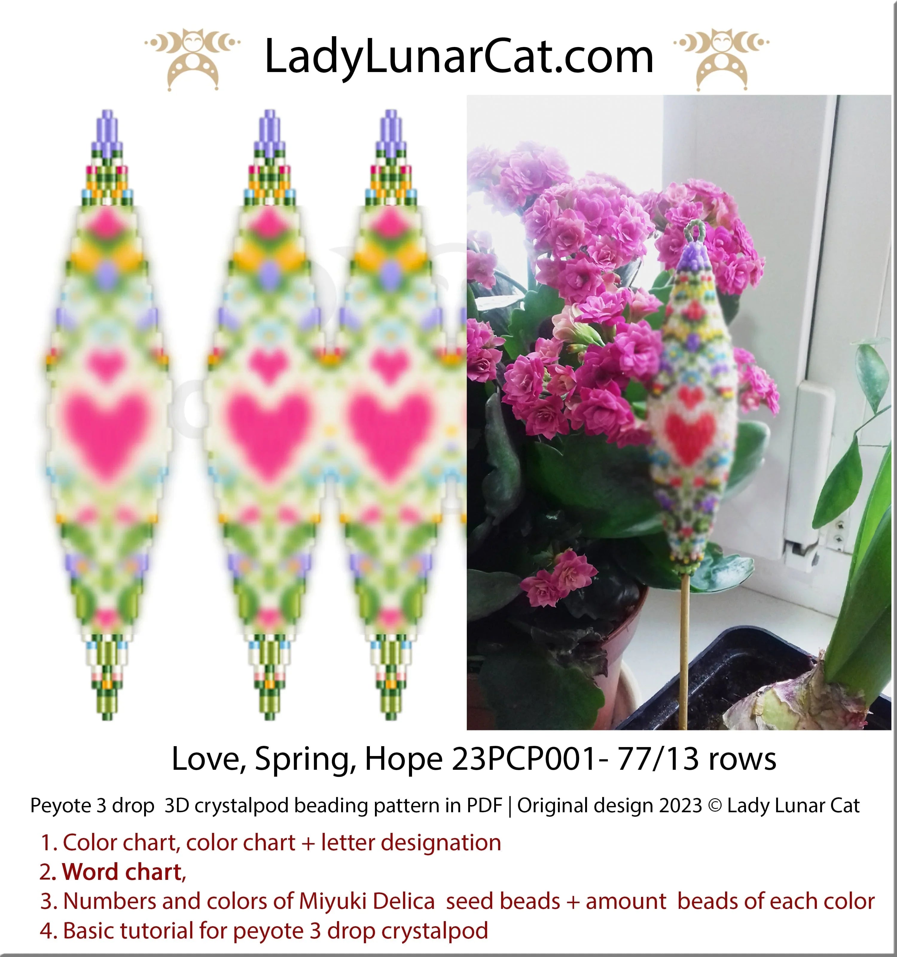 Love Spring Hope peyote 3-drop crystalpod pendant - 77 beads 8 colors 19cm spring PDF LadyLunarCat