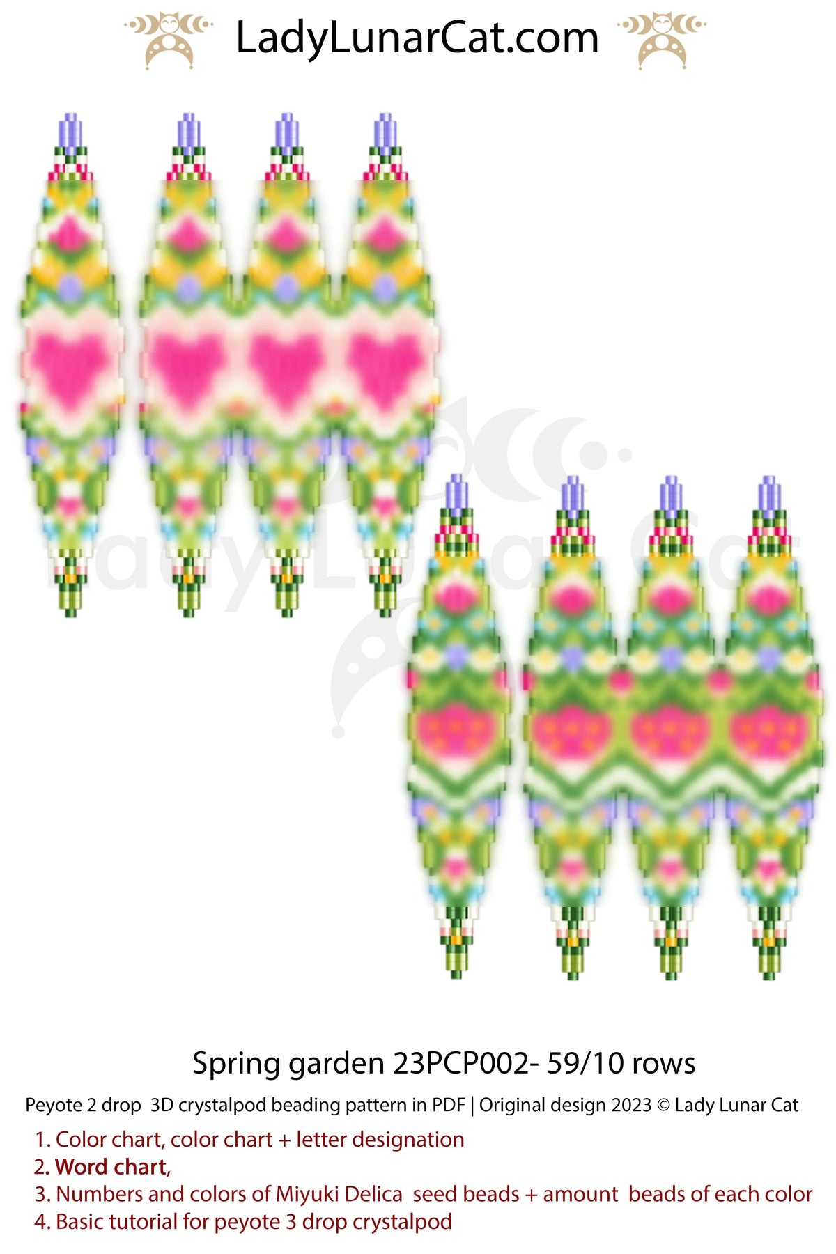 Beaded spring garden earrings — 3-drop peyote crystalpod tutorial PDF for all levels