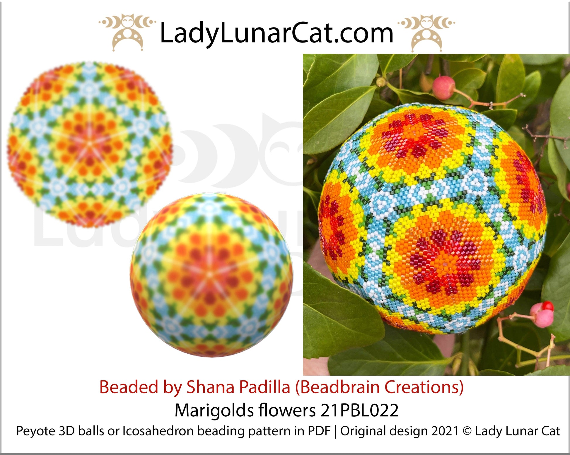 Beaded ball pattern for beading | Peyote 3d Icosahedron Marigolds flowers 21PBL022 18 rows LadyLunarCat