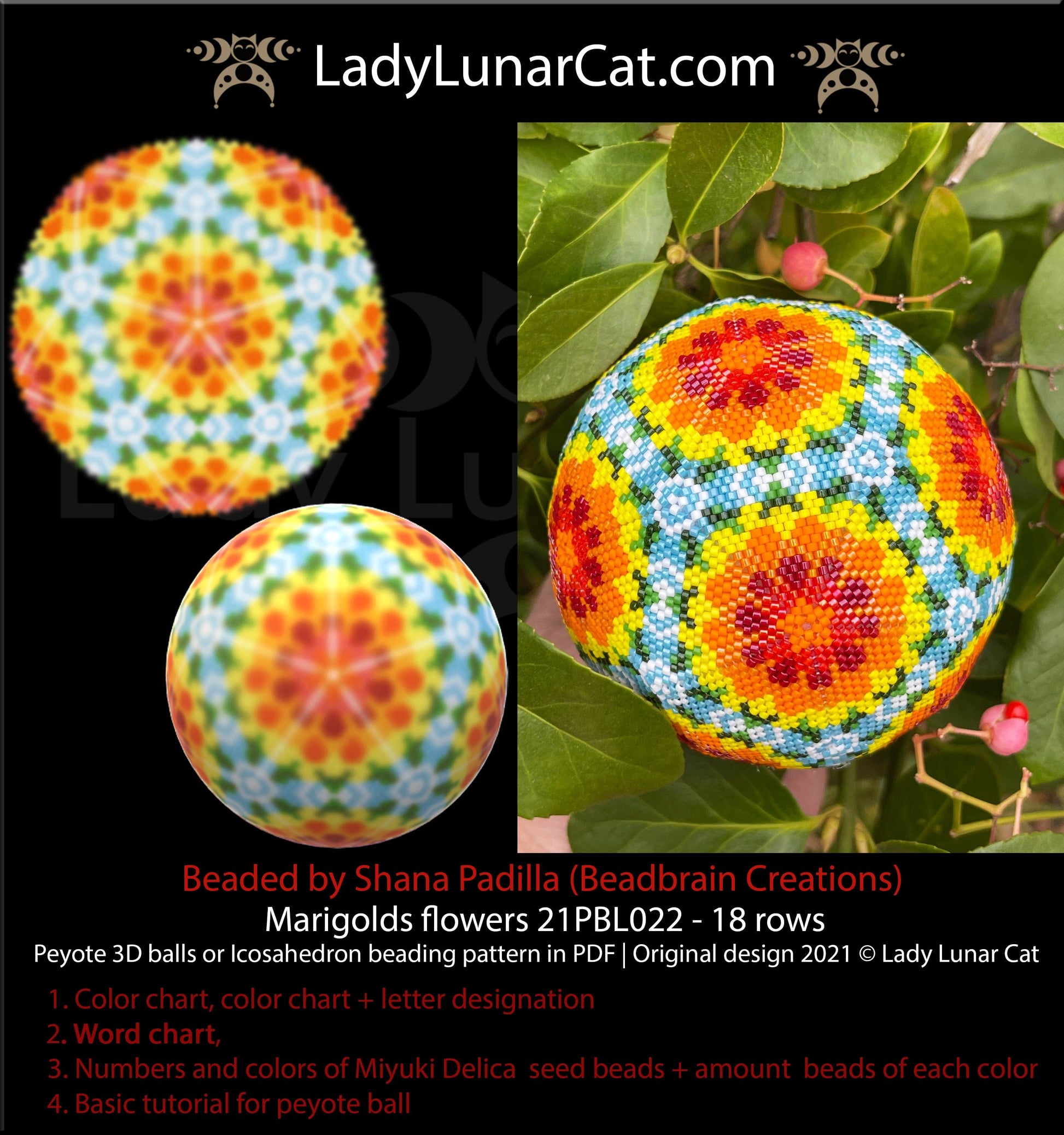 Beaded ball pattern for beading | Peyote 3d Icosahedron Marigolds flowers 21PBL022 18 rows LadyLunarCat