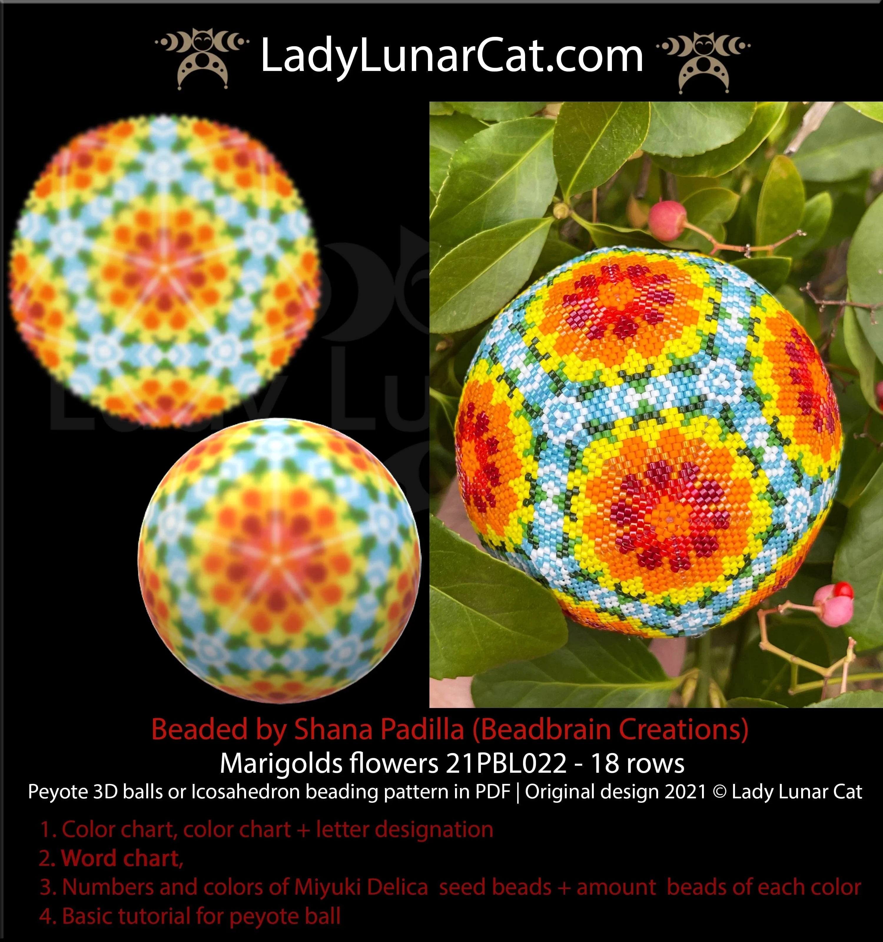 Marigolds peyote icosahedron ball — 9 colors, 18 rows, golden autumn, Miyuki Delica 11/0