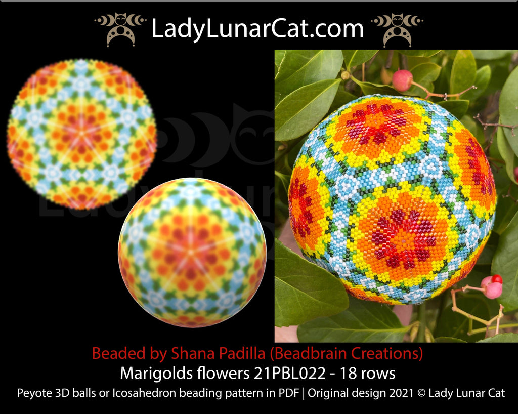 Beaded ball pattern for beading | Peyote 3d Icosahedron Marigolds flowers 21PBL022 18 rows LadyLunarCat