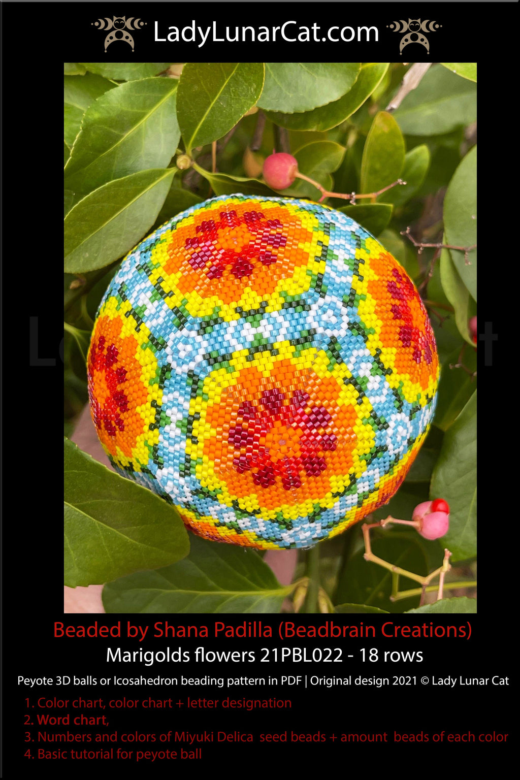 Beaded ball pattern for beading | Peyote 3d Icosahedron Marigolds flowers 21PBL022 18 rows LadyLunarCat