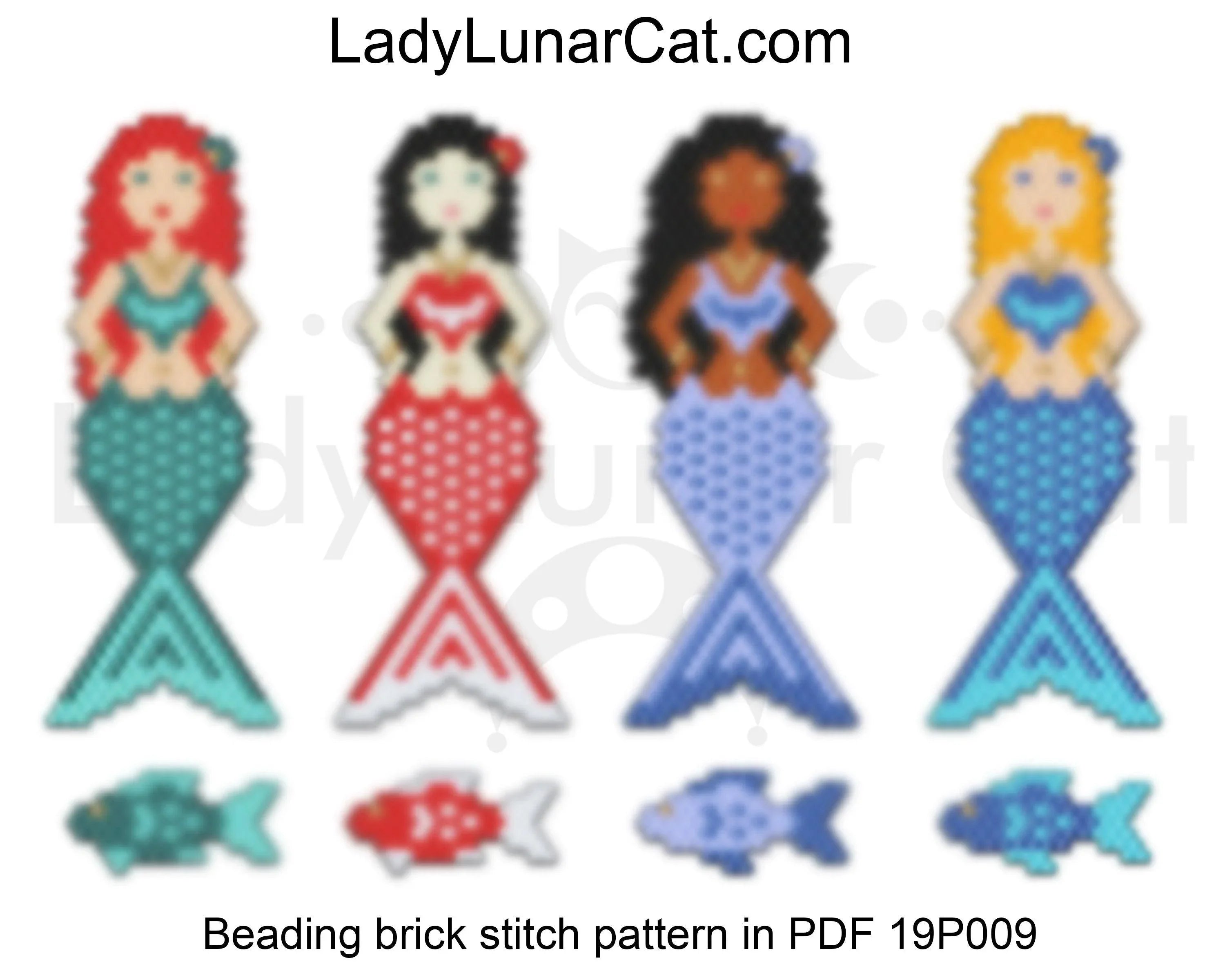 Mermaids brick stitch beading pattern - 4 mermaid versions sea theme PDF LadyLunarCat