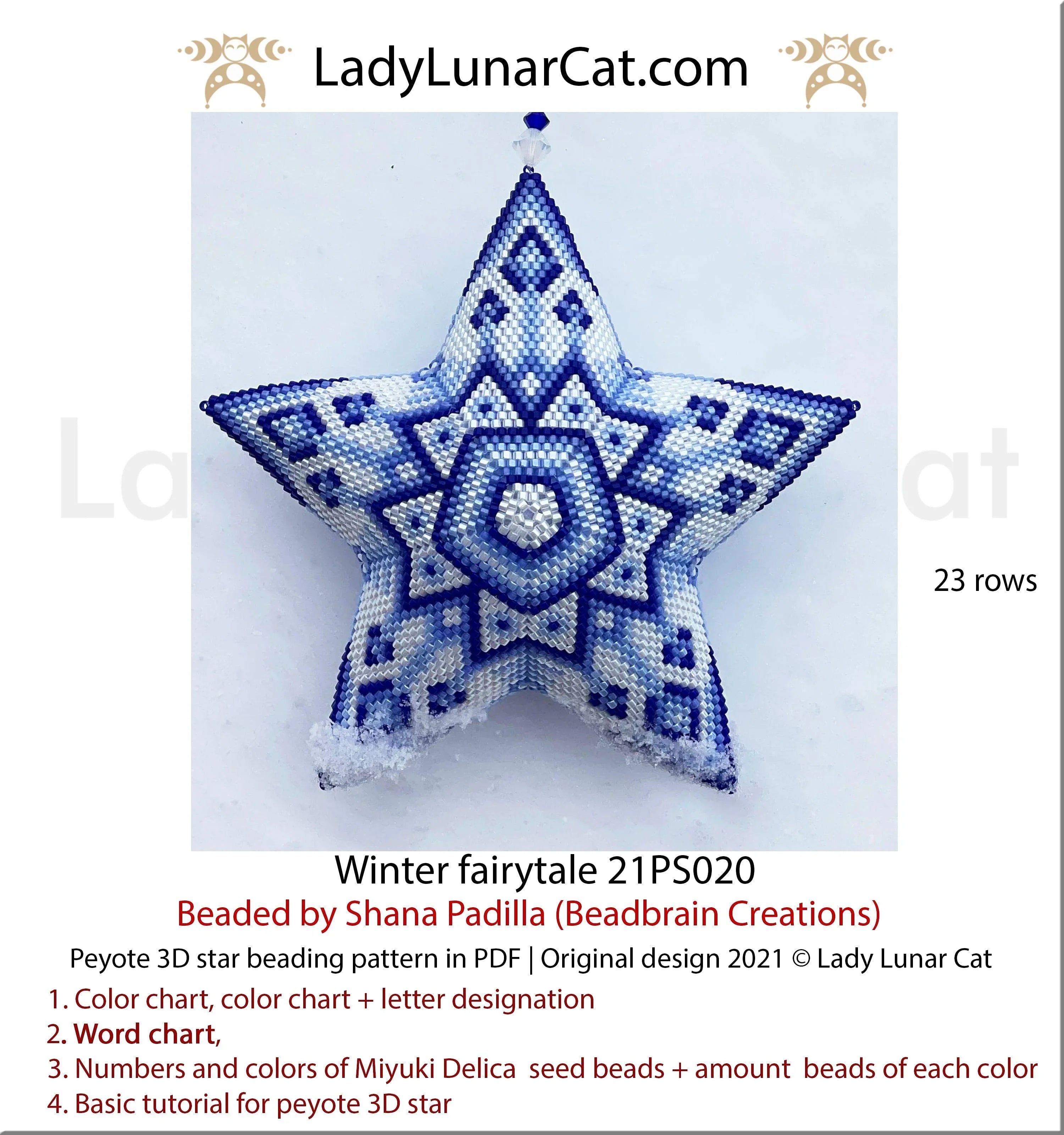 3D peyote star winter fairytale — 23 corner rows, icy blue, Christmas ornament, instant download