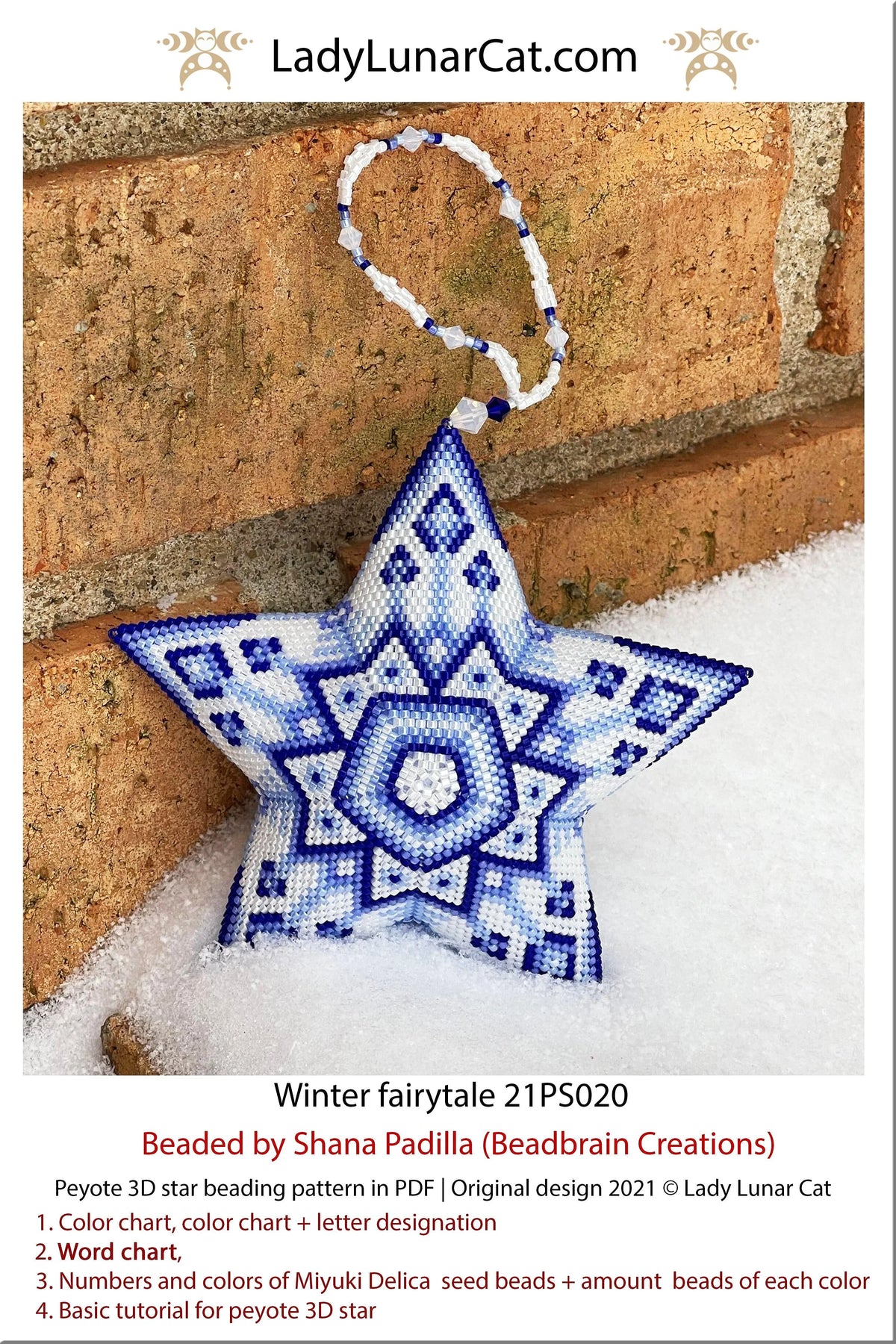 Lady Lunar Cat winter fairytale star — 4 colors, 45-bead radius, blue frost beading PDF