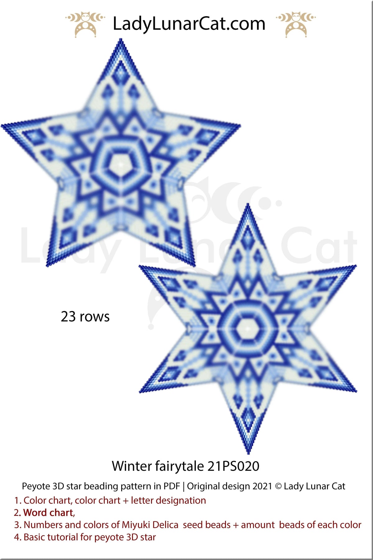 Lady Lunar Cat winter fairytale peyote star — ice palace beading PDF 21PS020