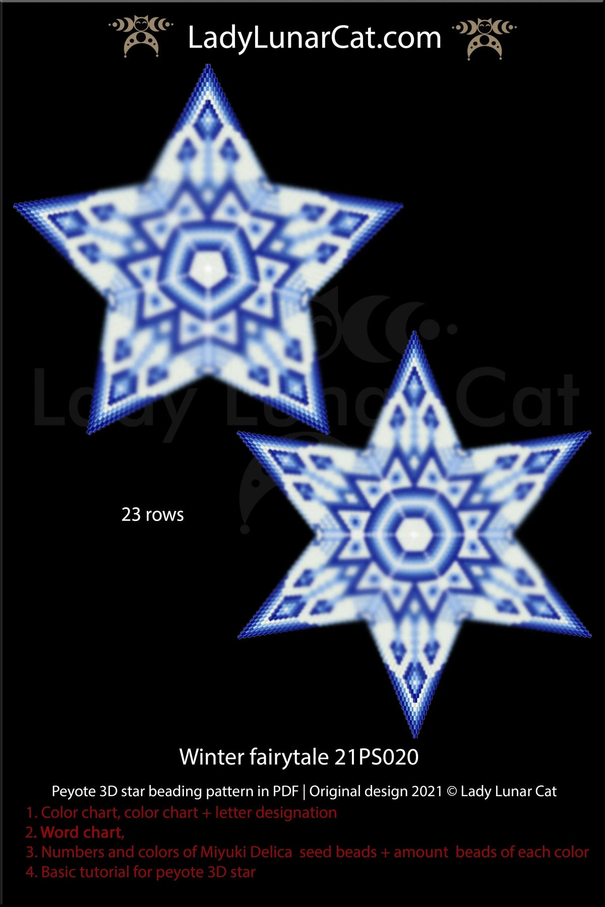 Ice palace winter star 21PS020 — 4-color peyote, 45 beads, blue frost, Lady Lunar Cat