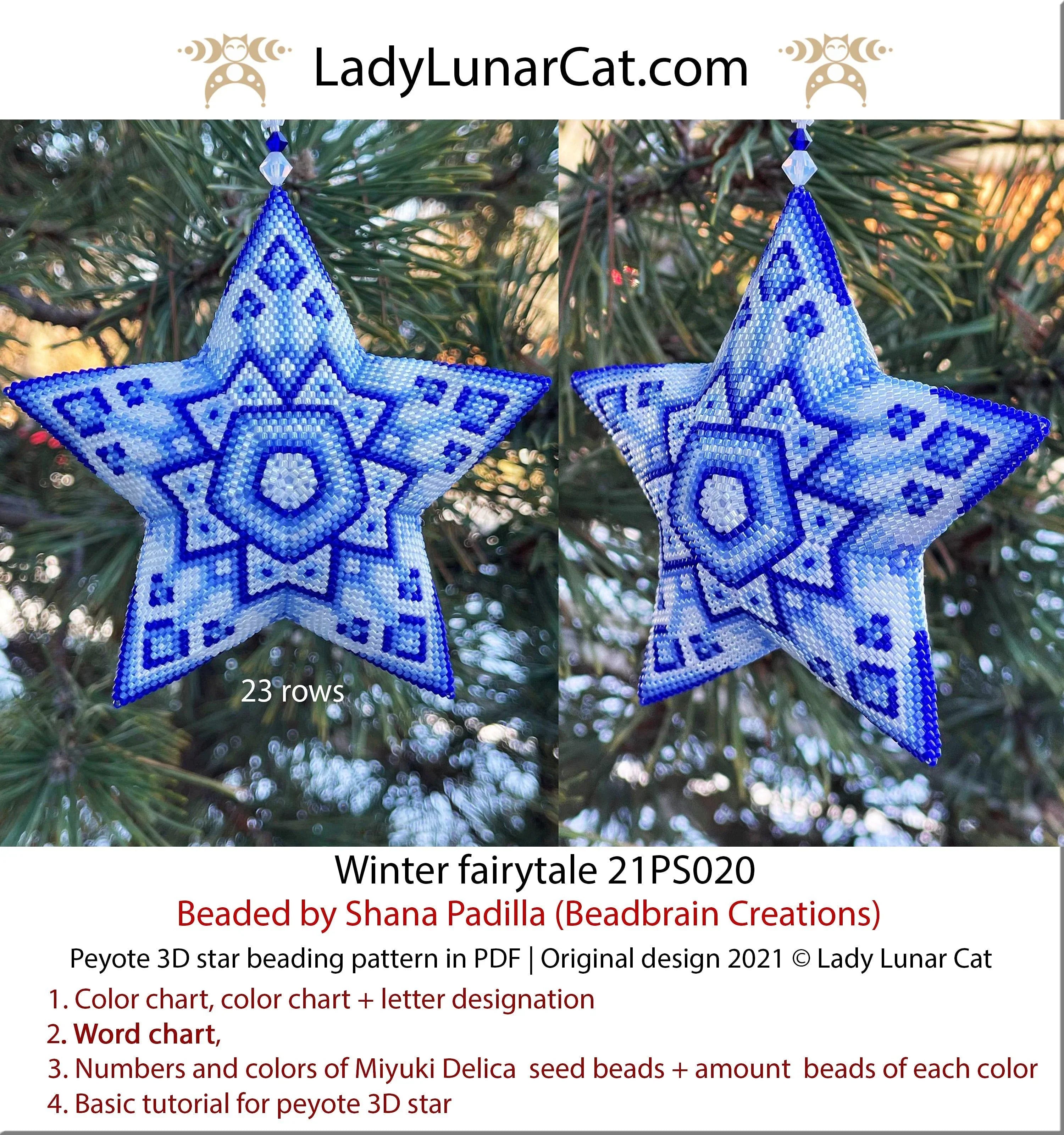 Ice palace winter fairytale peyote star — 4 colors, 45-bead radius, Miyuki Delica 11/0