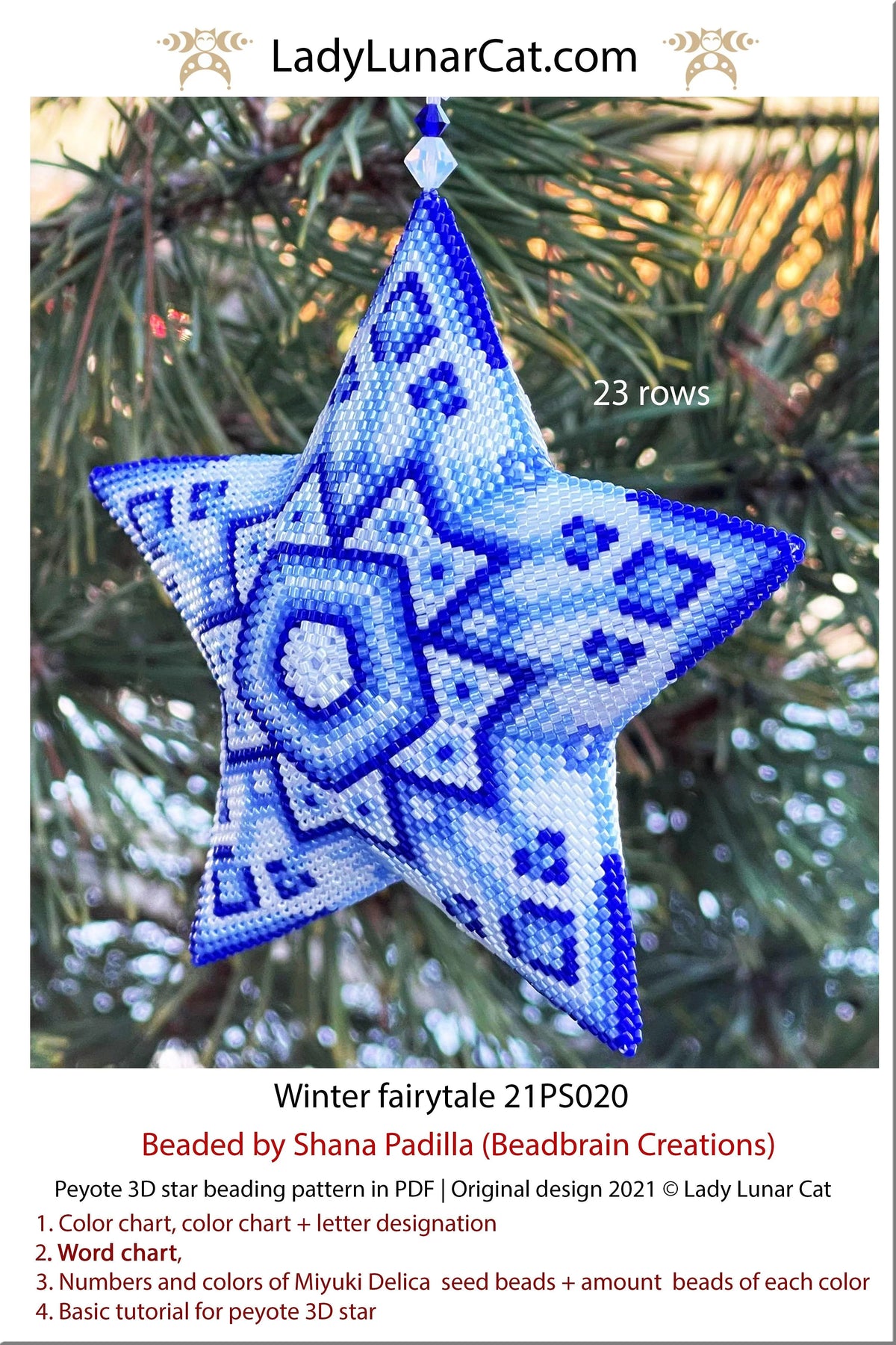 Winter fairytale 3D peyote star — Christmas tree ornament, blue ice palette, instant download