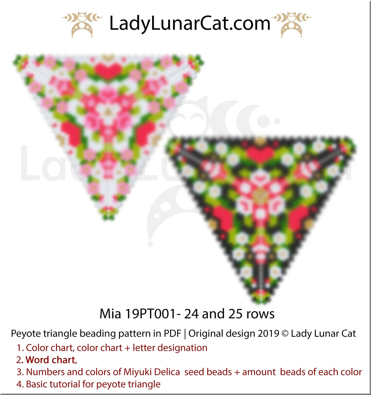 Valentine floral peyote triangle beading pattern — 2 versions, Miyuki Delica 11/0