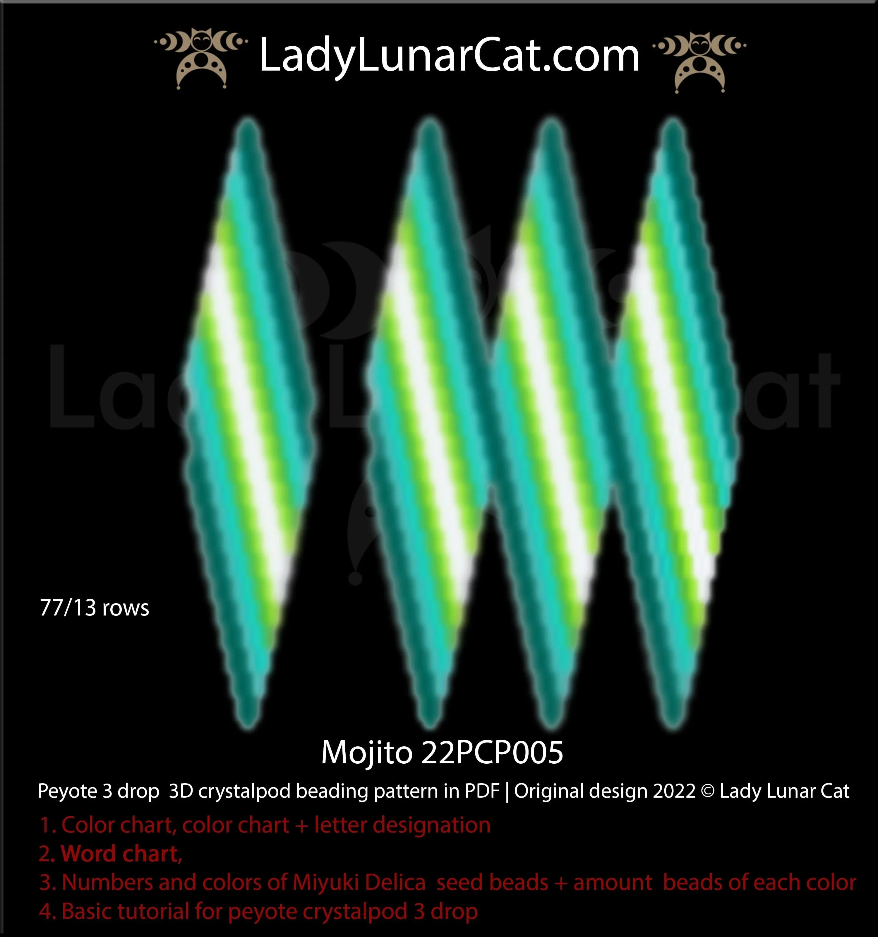 Mojito peyote crystalpod pattern chart - word chart bead legend 5 pages PDF LadyLunarCat