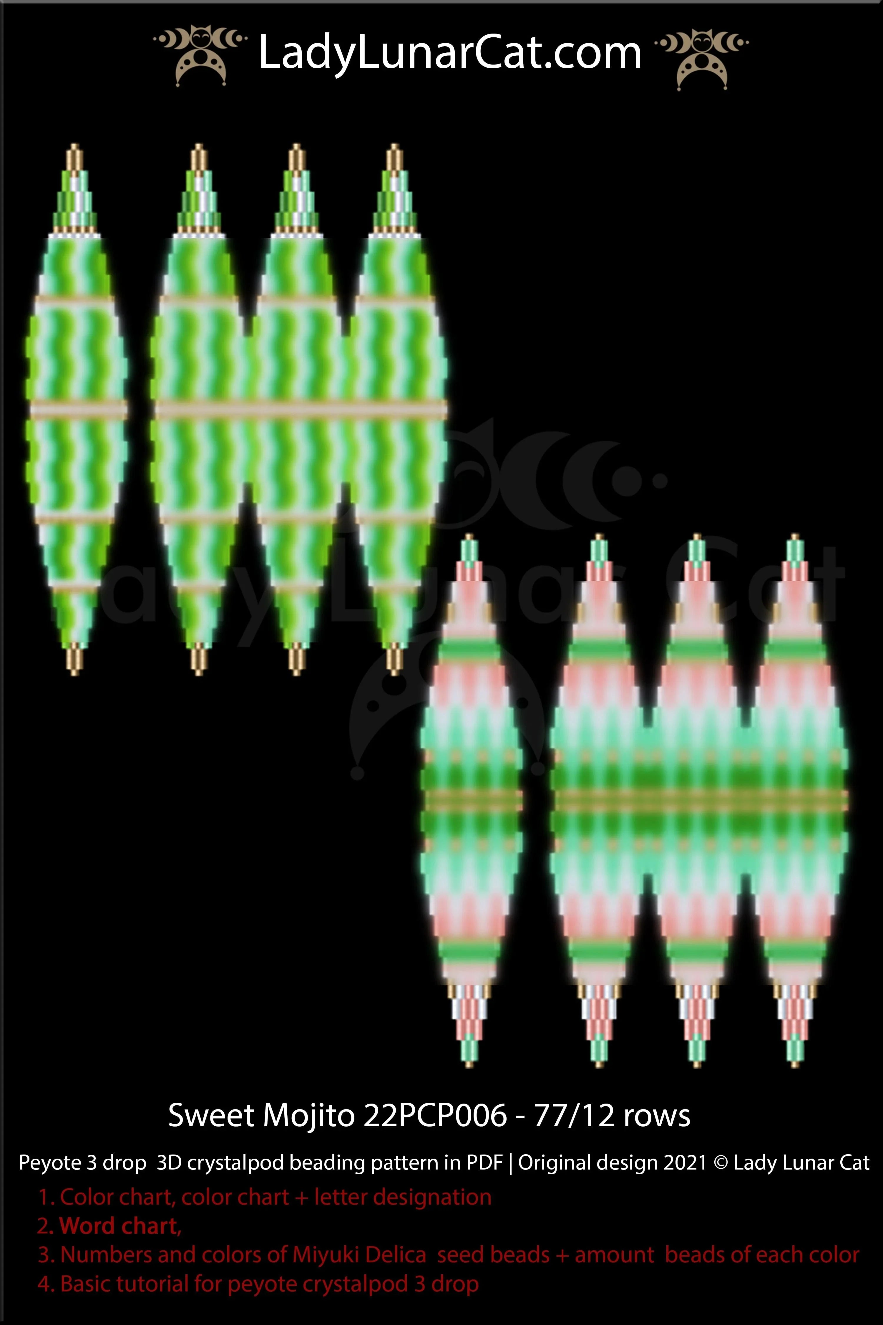 Mojito beaded crystalpod pattern chart - word chart and bead legend PDF LadyLunarCat