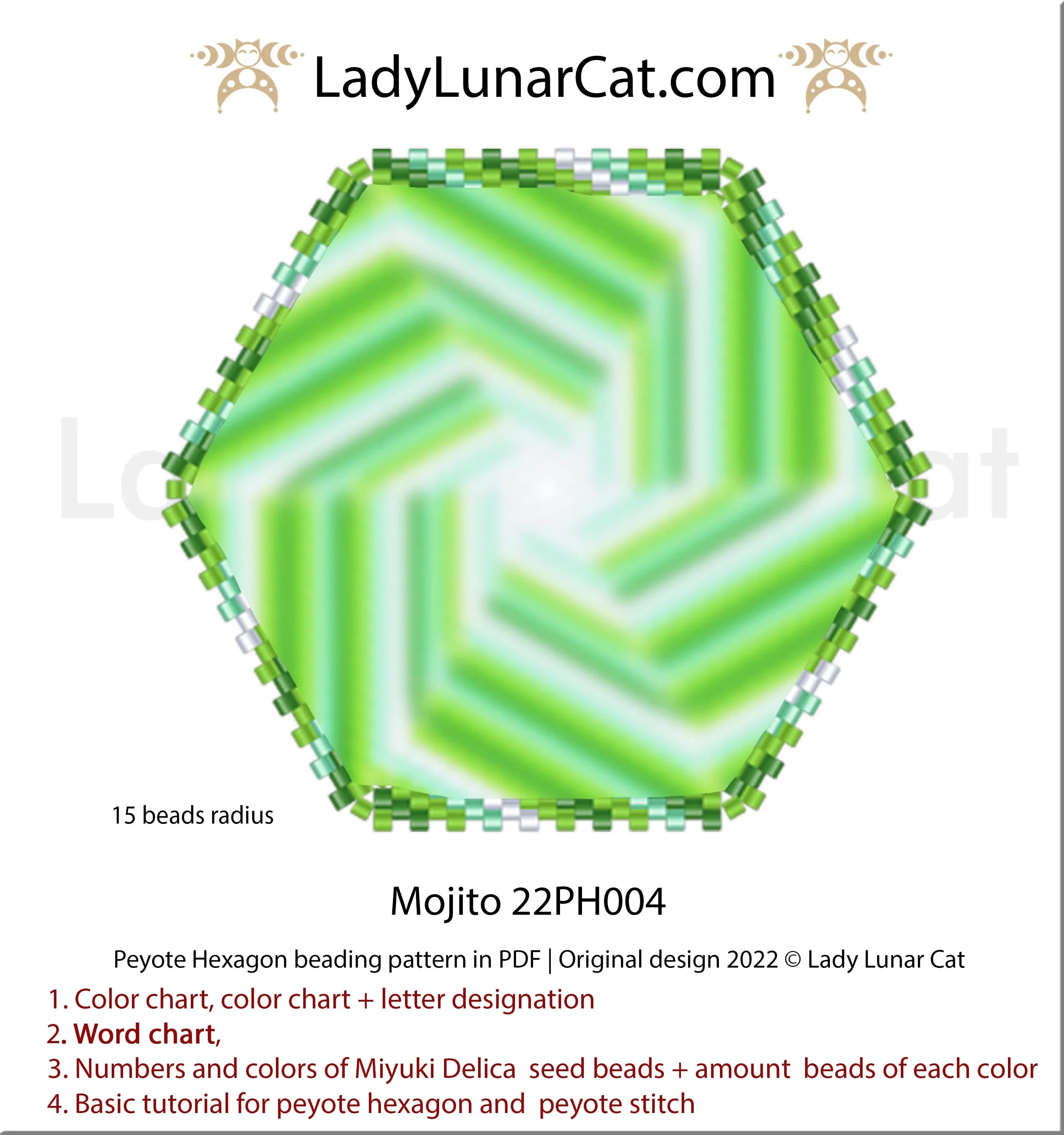 Mint Mojito peyote hexagon — 4 colors, 15-bead radius, summer fresh, Miyuki Delica 11/0