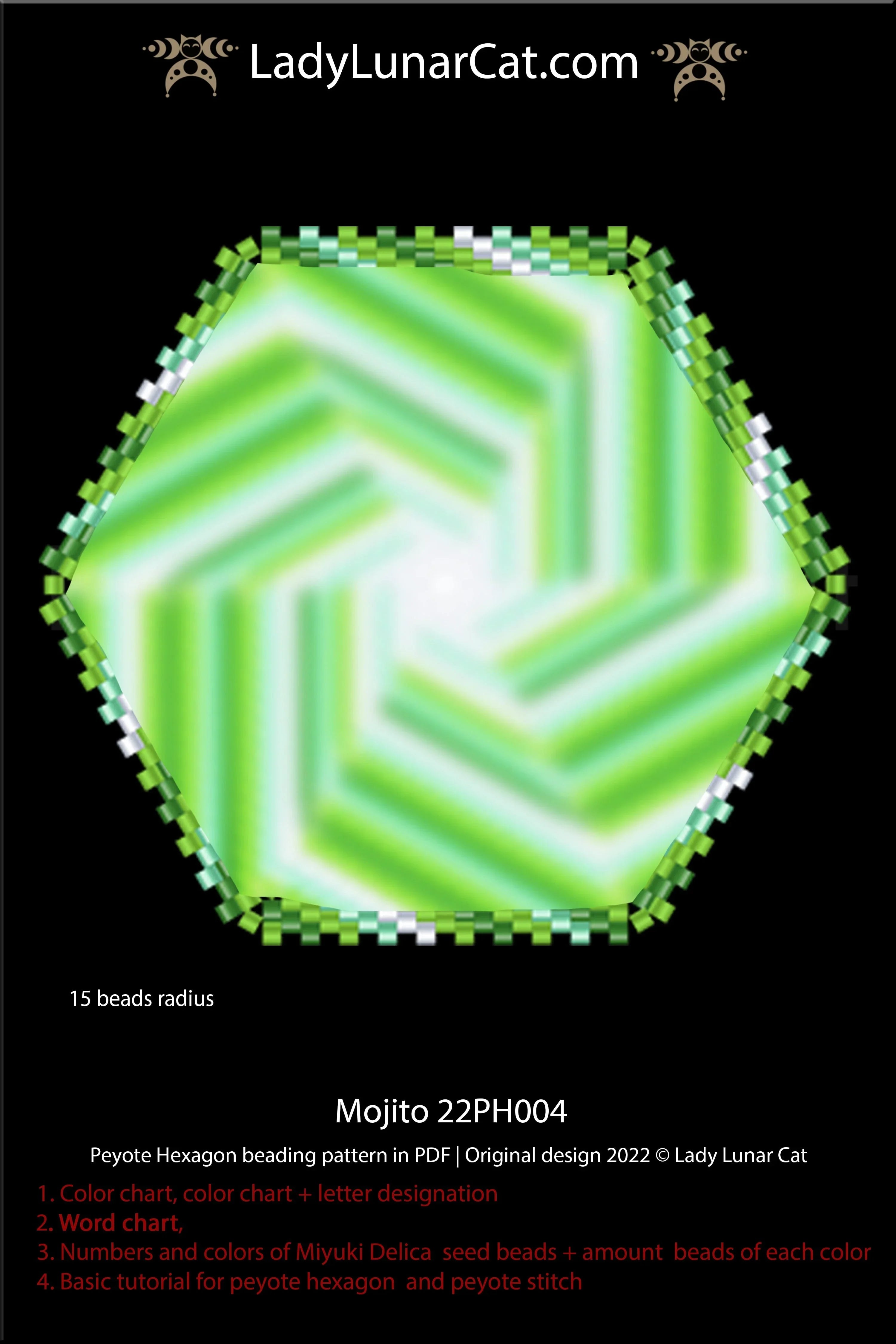 Beaded Mojito mint hexagon pendant — peyote tutorial PDF for all levels