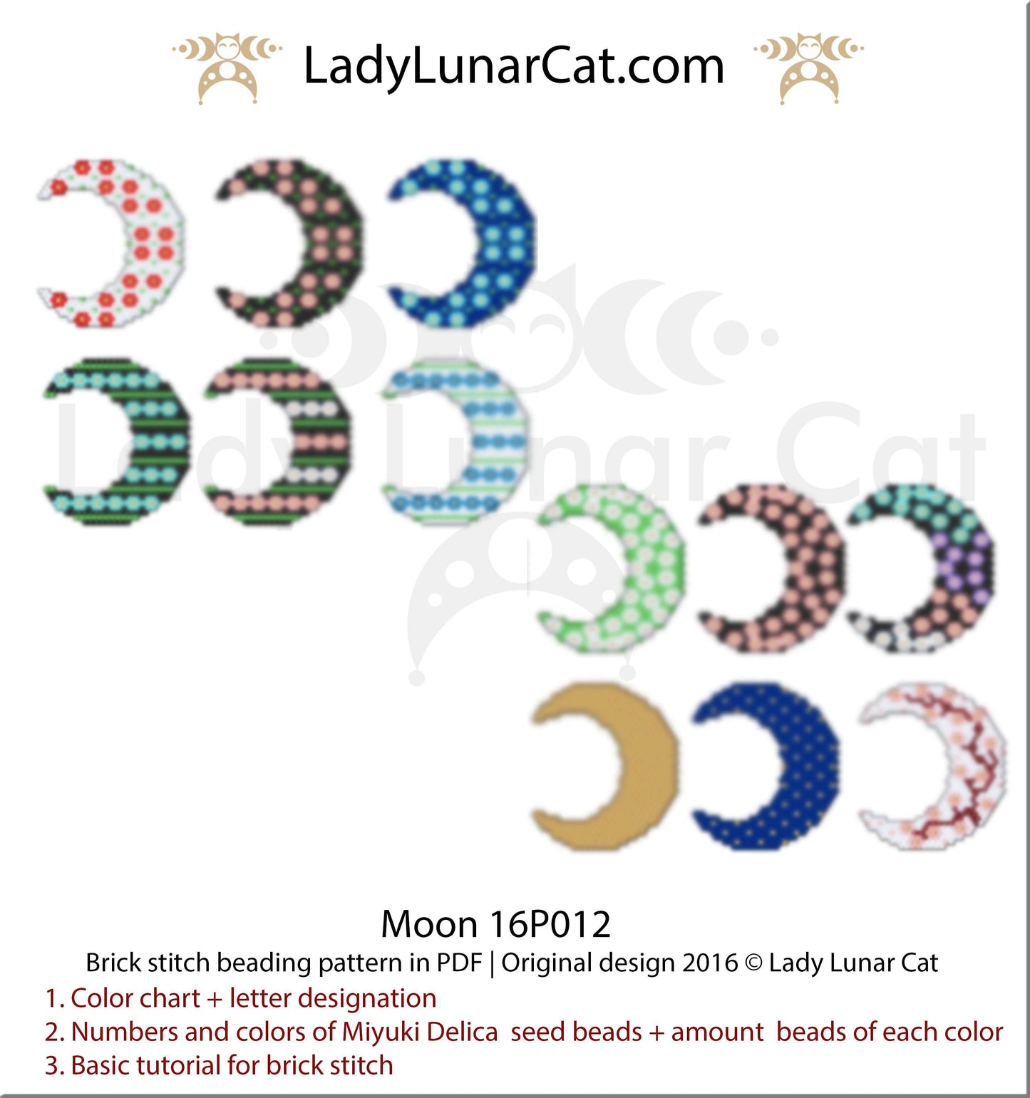 Brick stitch pattern for beading  Moon 16P012 LadyLunarCat