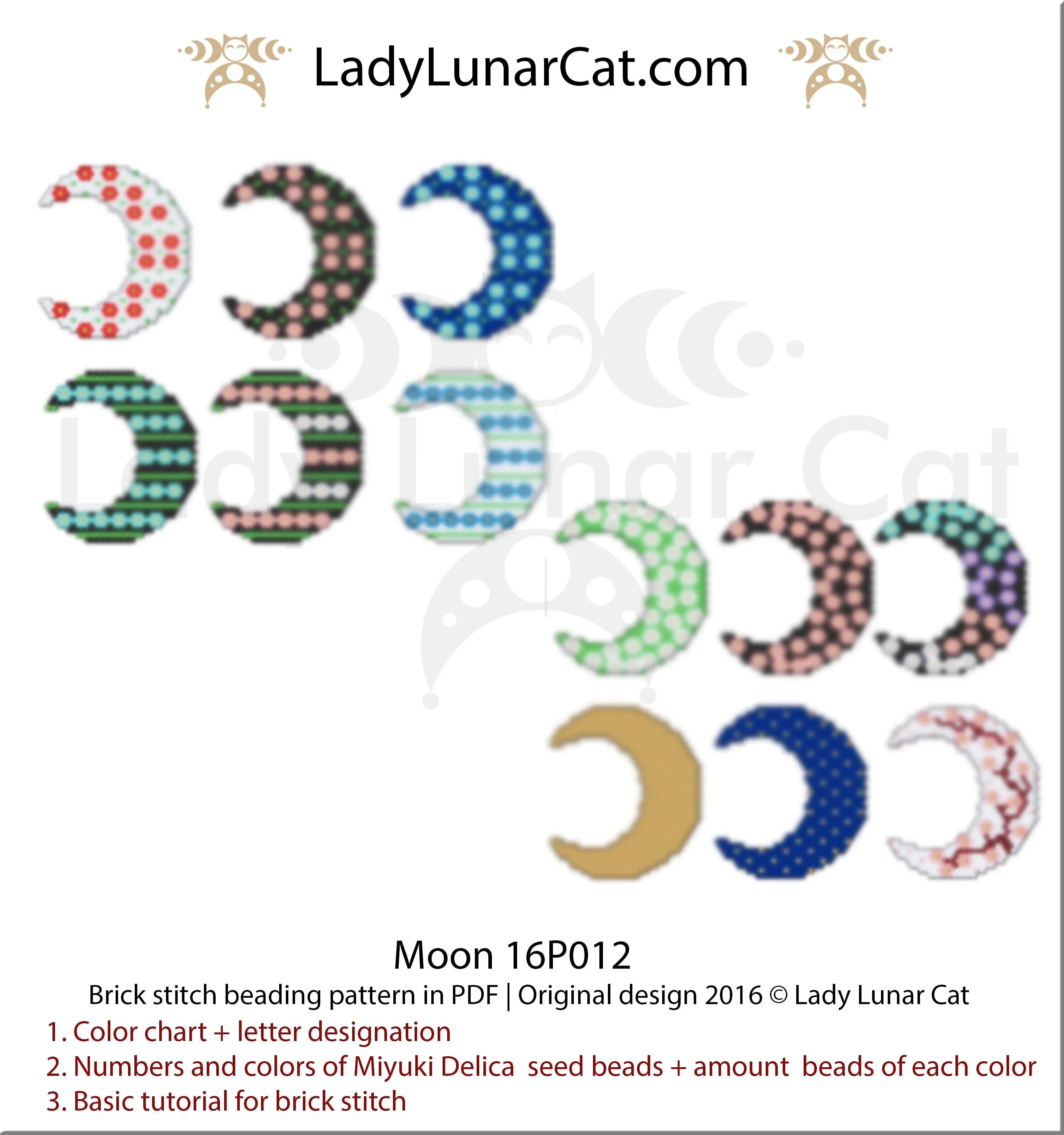 Celestial floral brick stitch earrings — crescent moon with flowers, Miyuki Delica 11/0