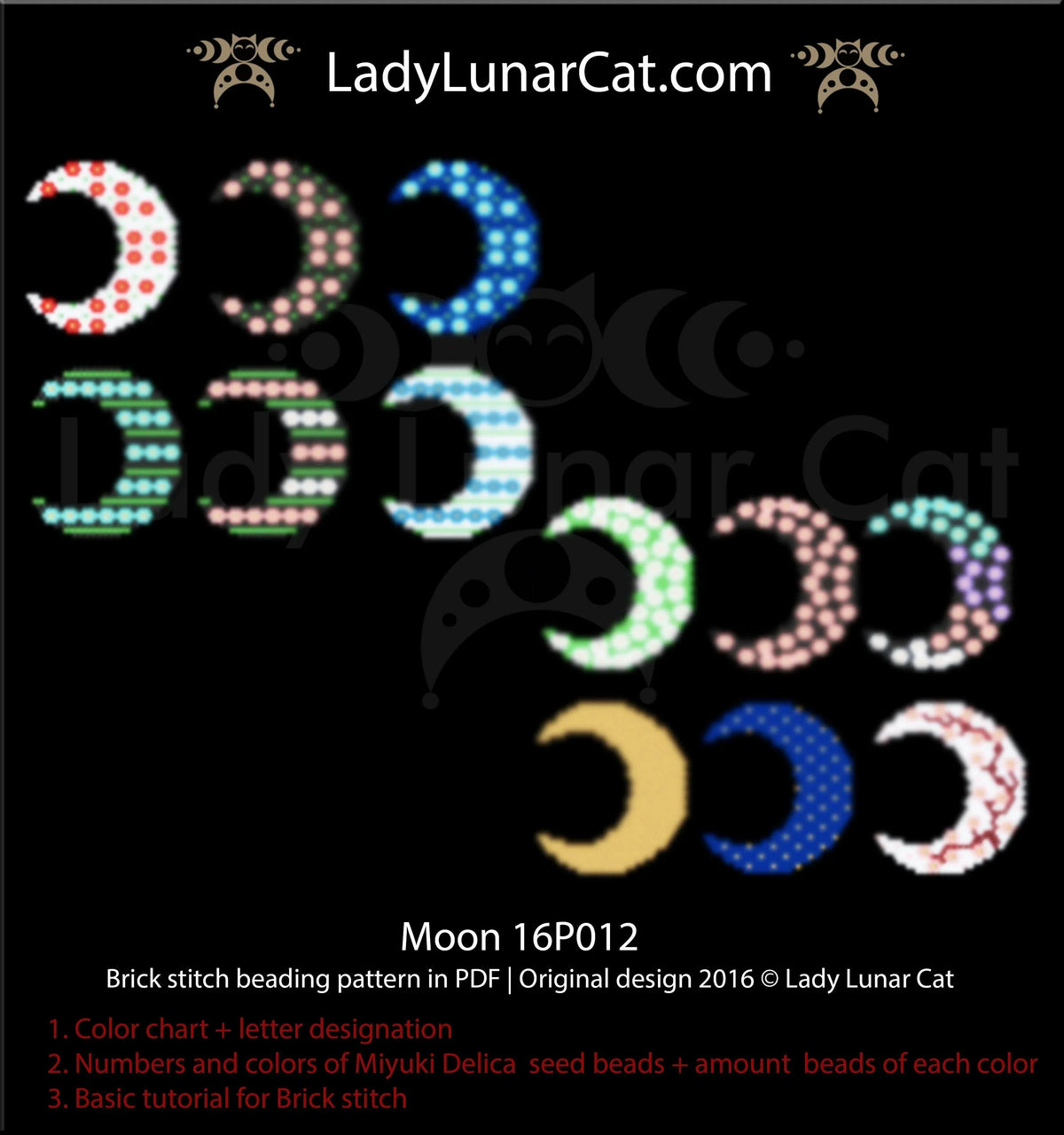 Moon brick stitch earrings pattern PDF by Lady Lunar Cat — crescent moon 16P012