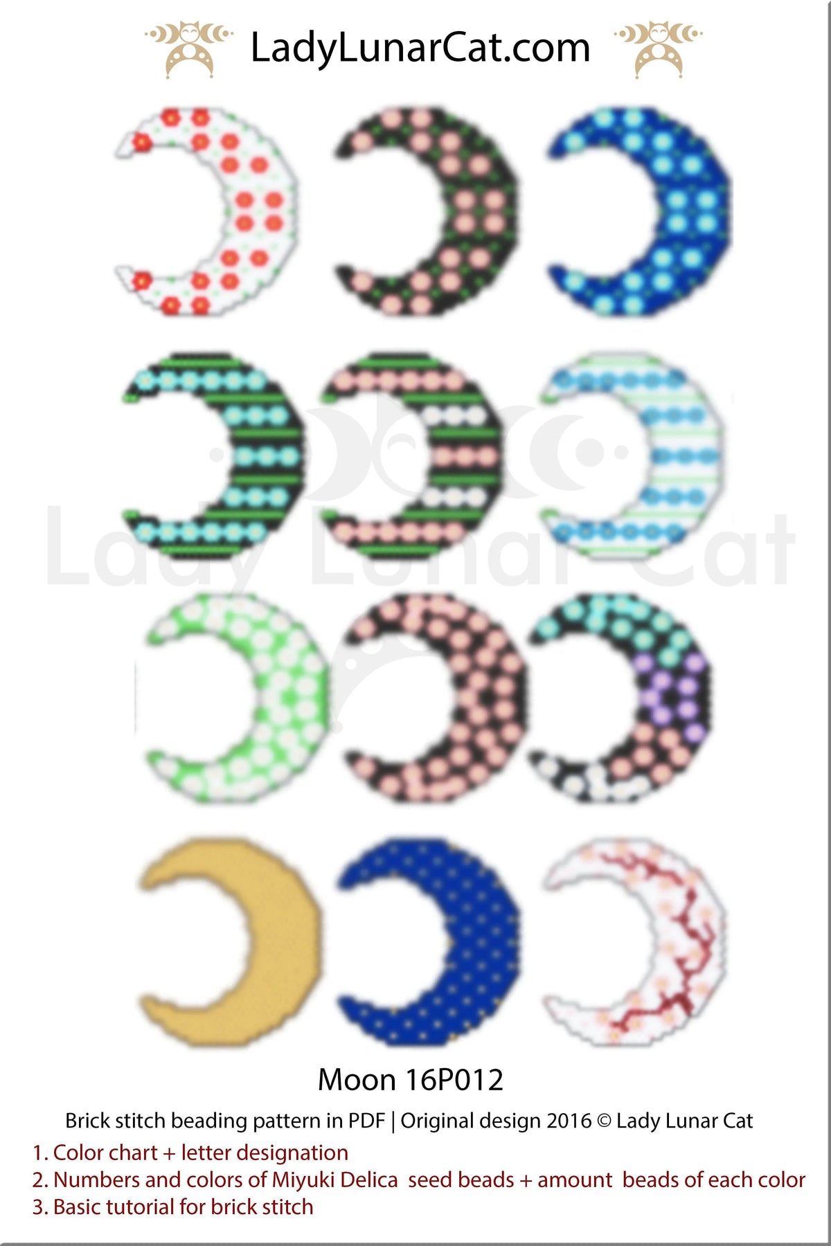 Brick stitch moon earrings pattern — 12 color versions, 25×35 beads, instant download