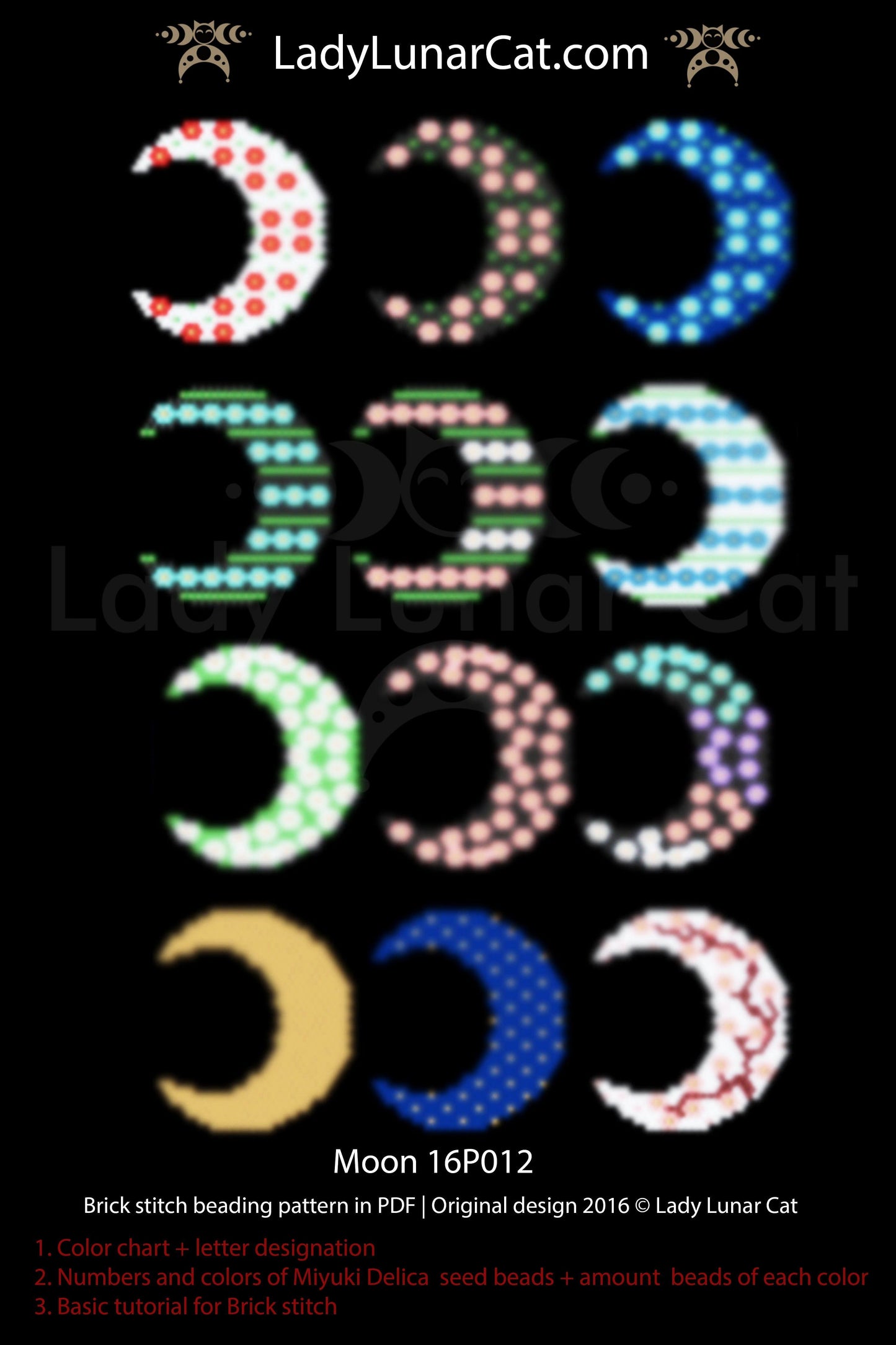 Brick stitch pattern for beading  Moon 16P012 LadyLunarCat