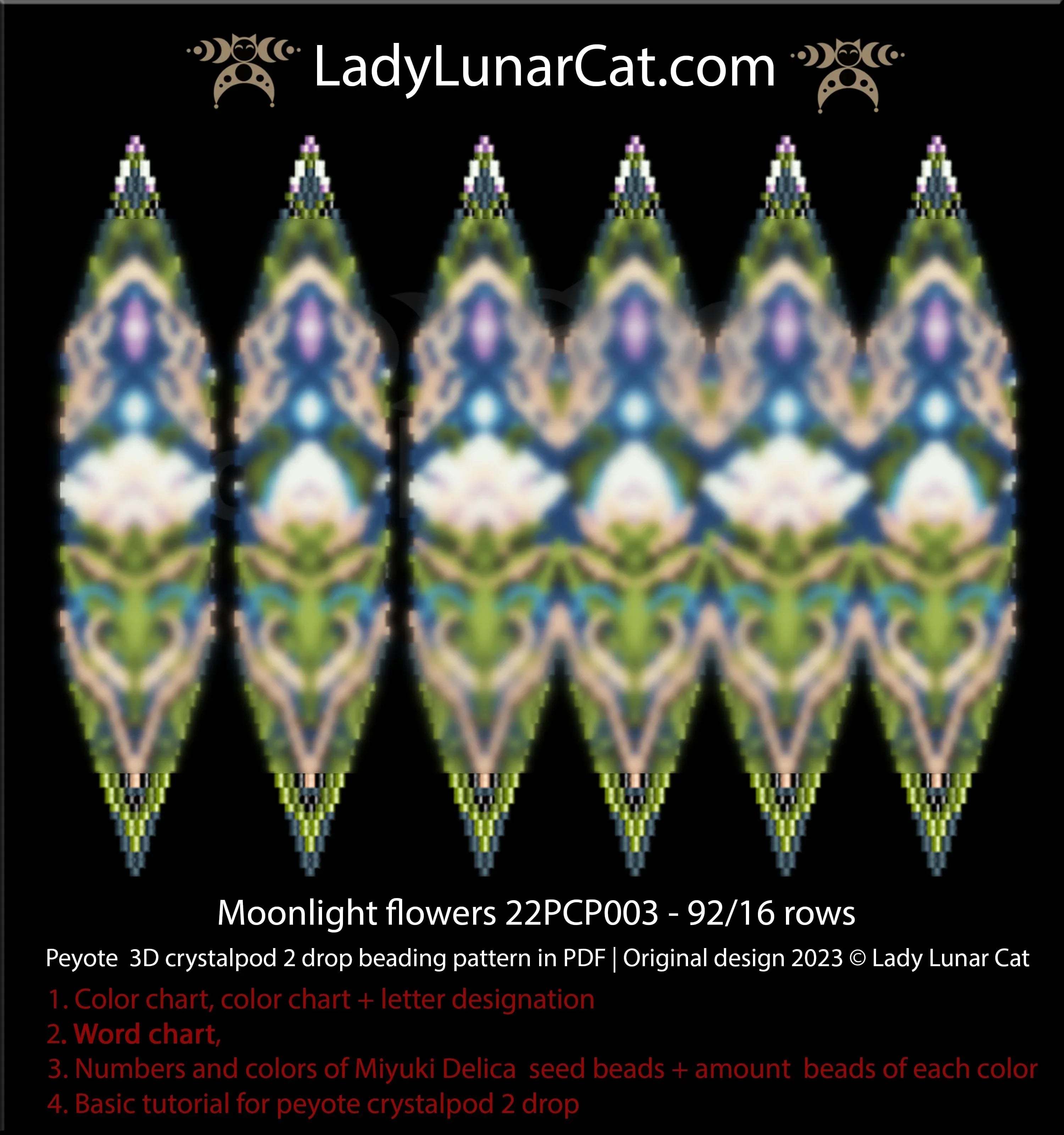 Moonlight Flowers peyote 2-drop crystalpod - 92 beads 11 colors 2-10 petals spring PDF LadyLunarCat