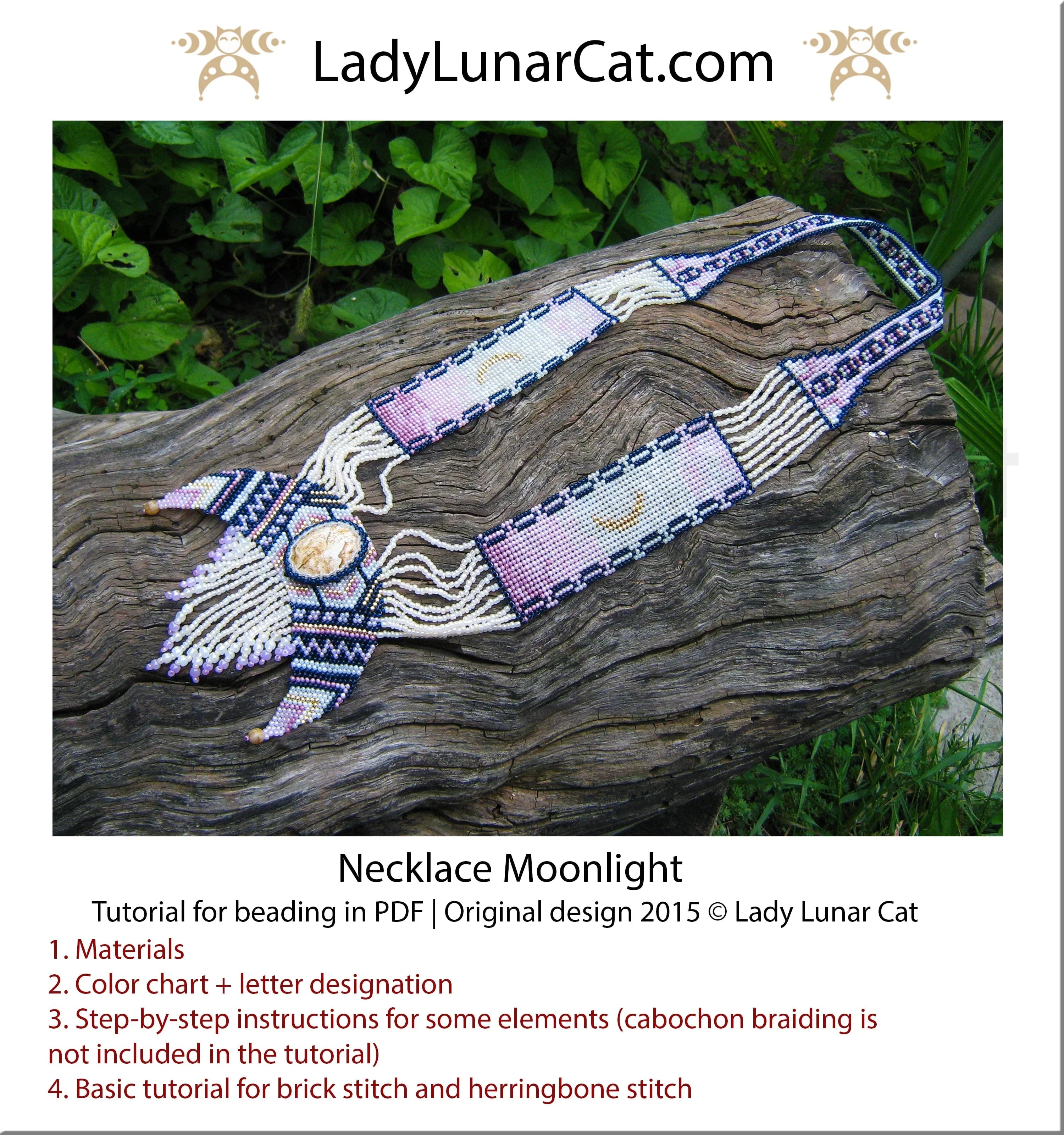 Moonlight Ukrainian gerdan necklace - herringbone brick stitch beading tutorial PDF LadyLunarCat