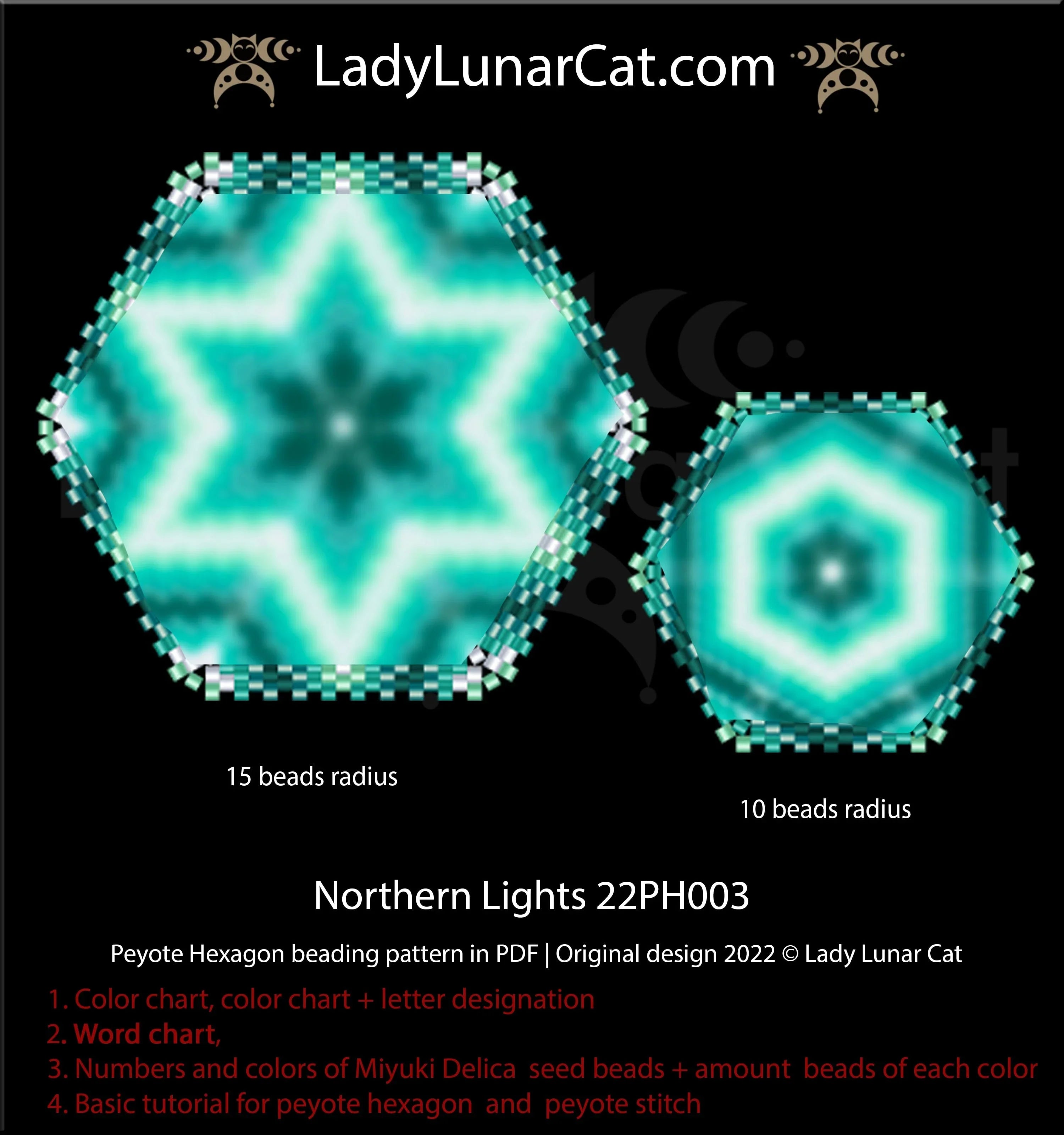 Northern Lights peyote hexagon - 2 sizes aurora 5+5 colors rivoli PDF LadyLunarCatLadyLunarCat