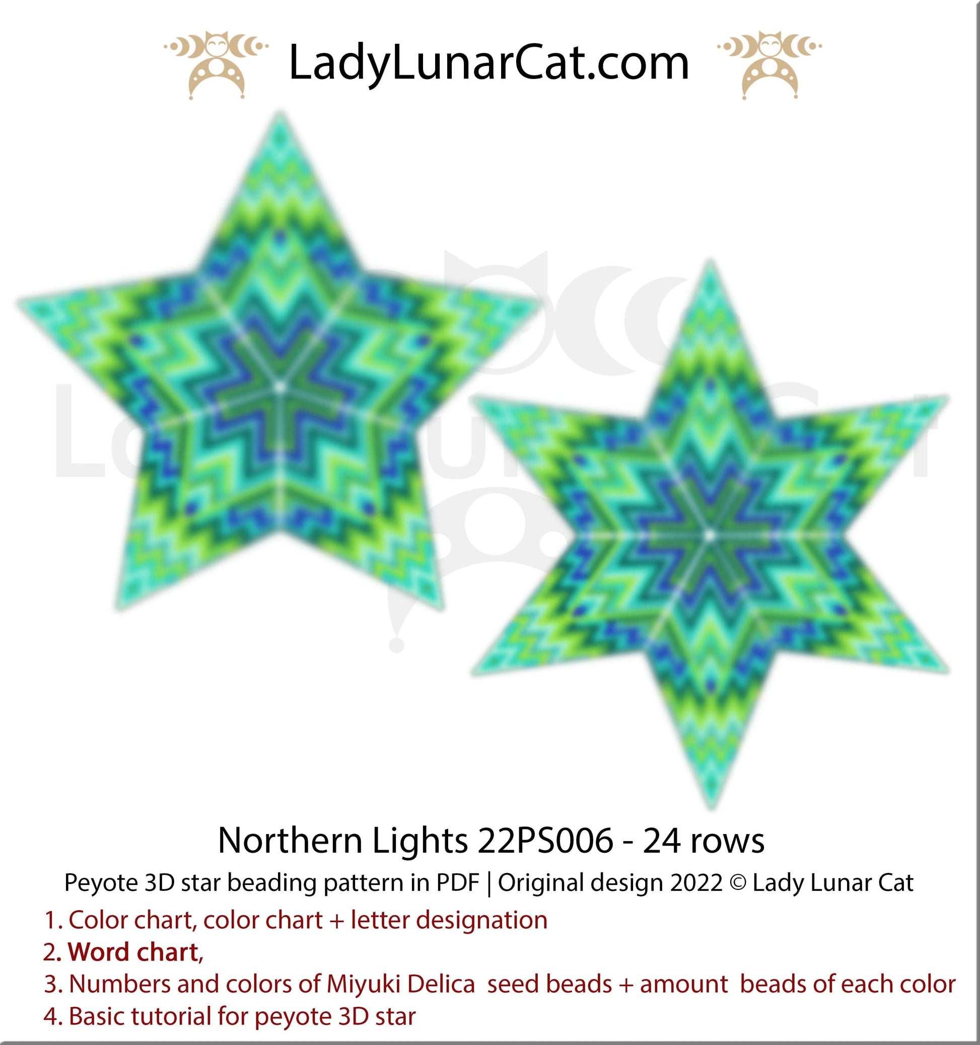 Peyote star pattern for beading - Northern Lights 22PS006 24 rows LadyLunarCat