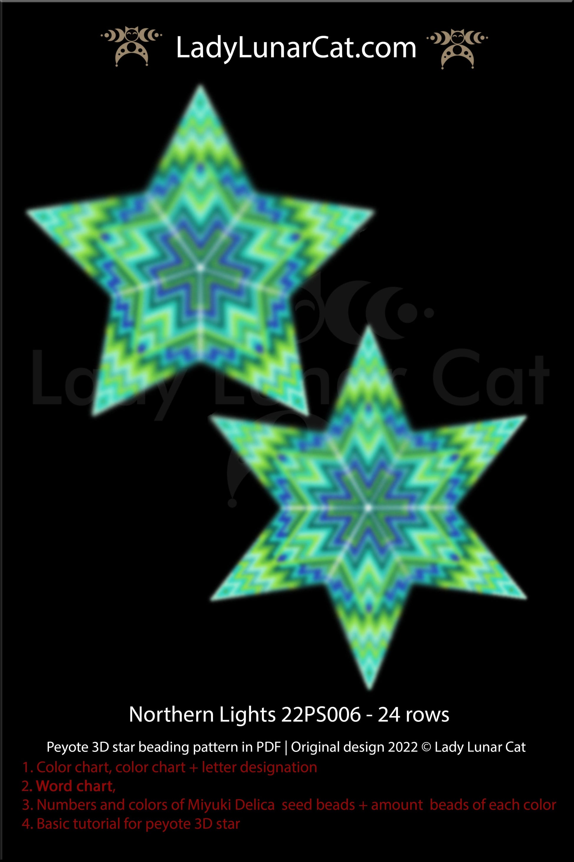 Peyote star pattern for beading - Northern Lights 22PS006 24 rows LadyLunarCat