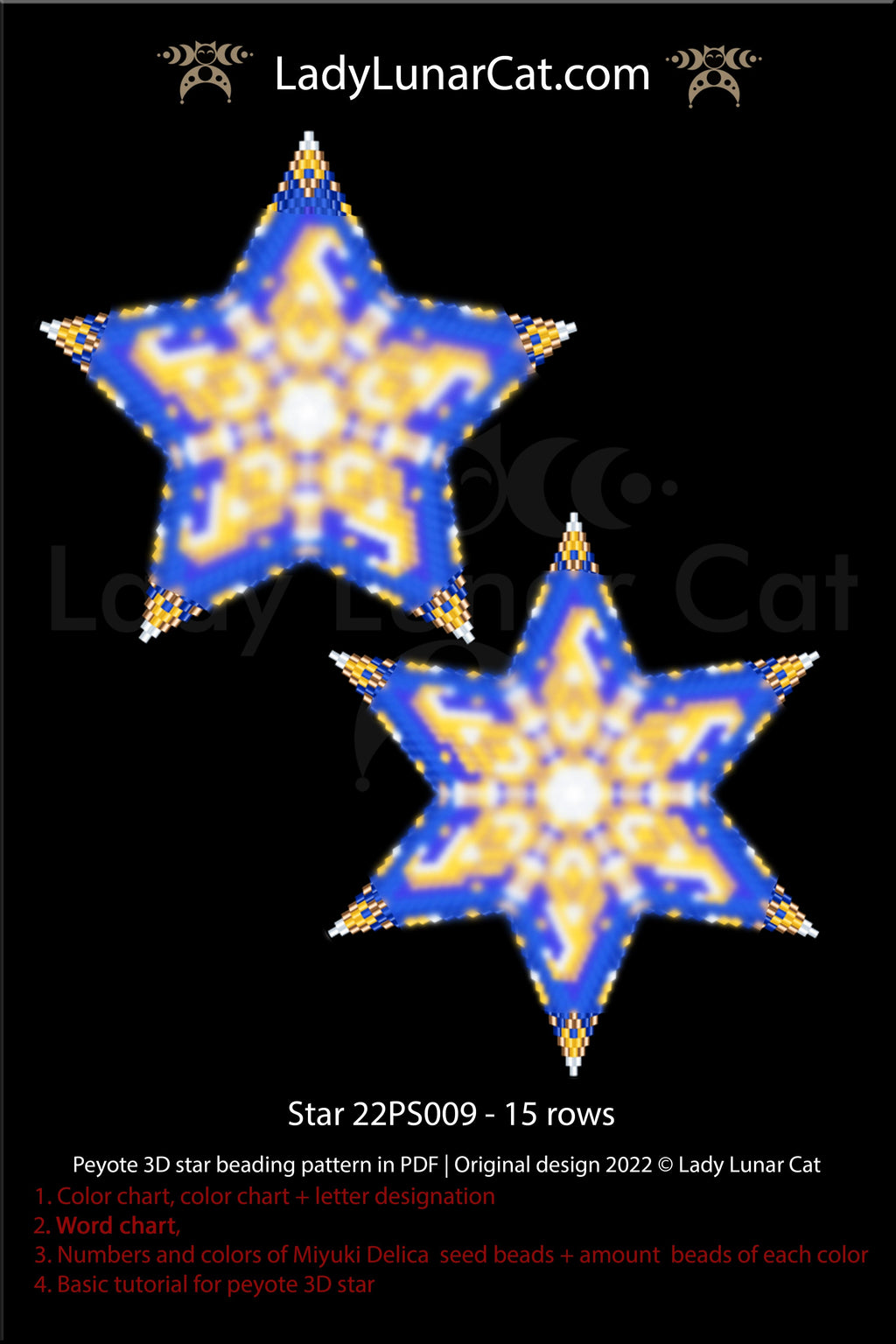 Peyote star pattern for beading - Star 22PS009 15 rows LadyLunarCat