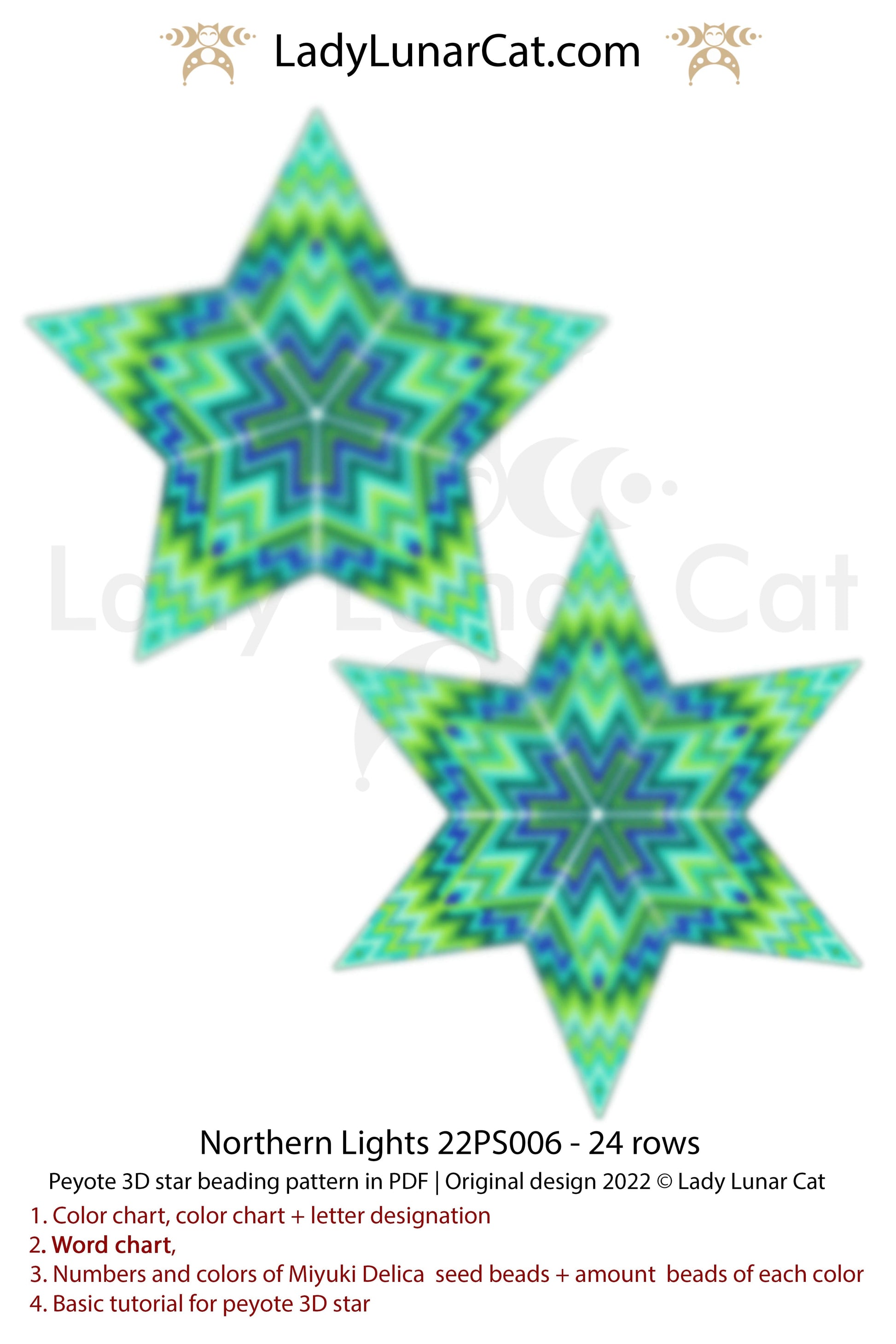 Peyote star pattern for beading - Northern Lights 22PS006 24 rows LadyLunarCat