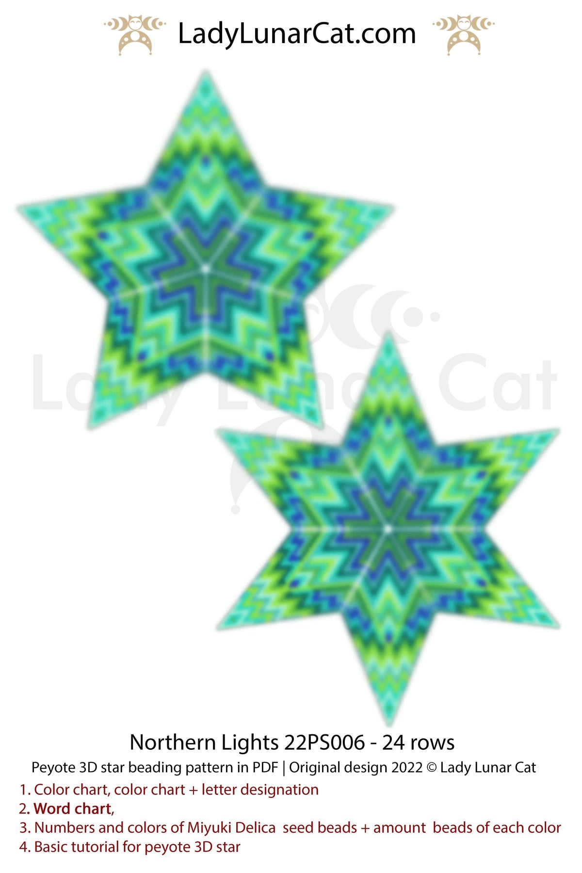 Northern lights peyote star beading pattern preview — 7 colors, graph paper included
