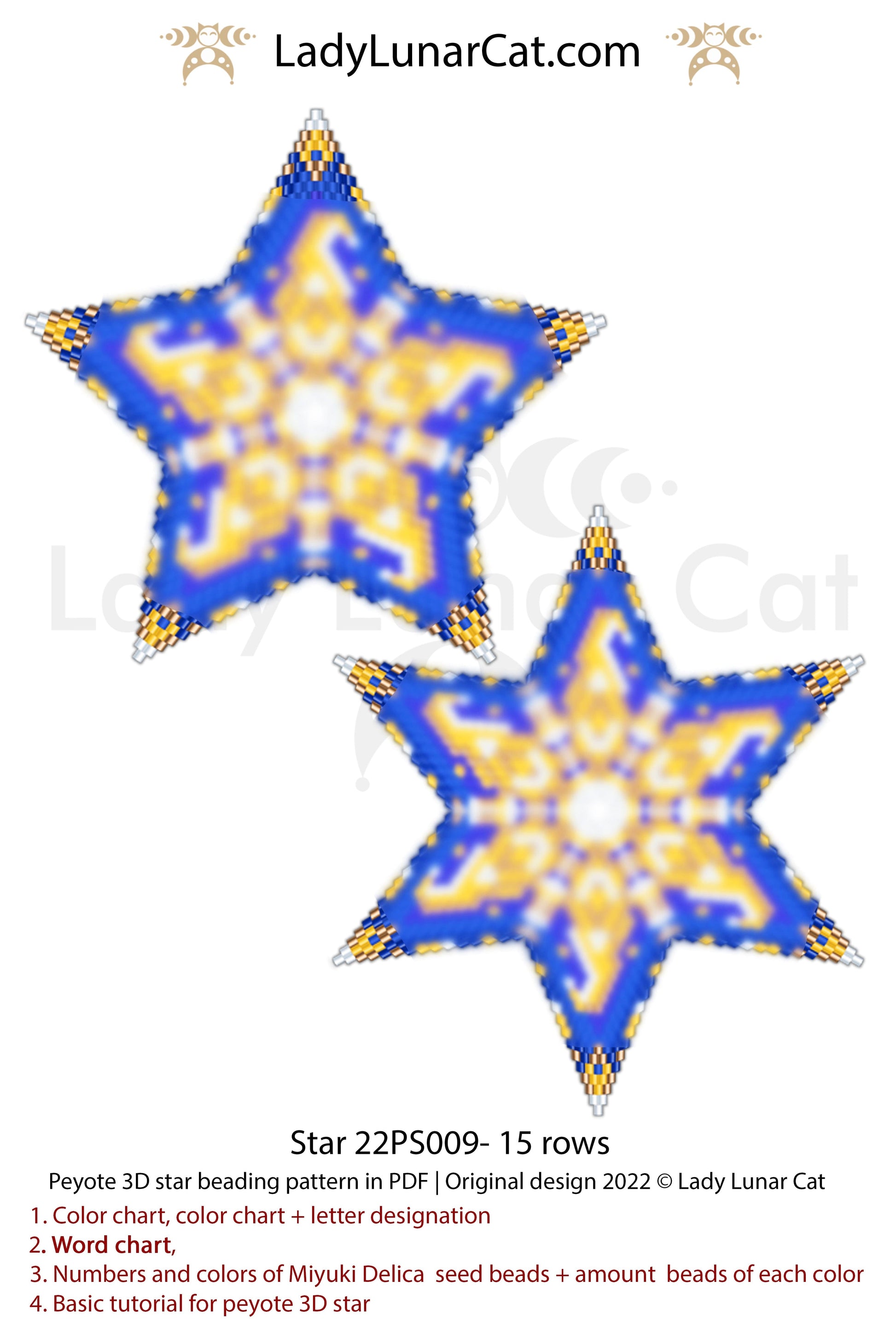 Peyote star pattern for beading - Star 22PS009 15 rows LadyLunarCat