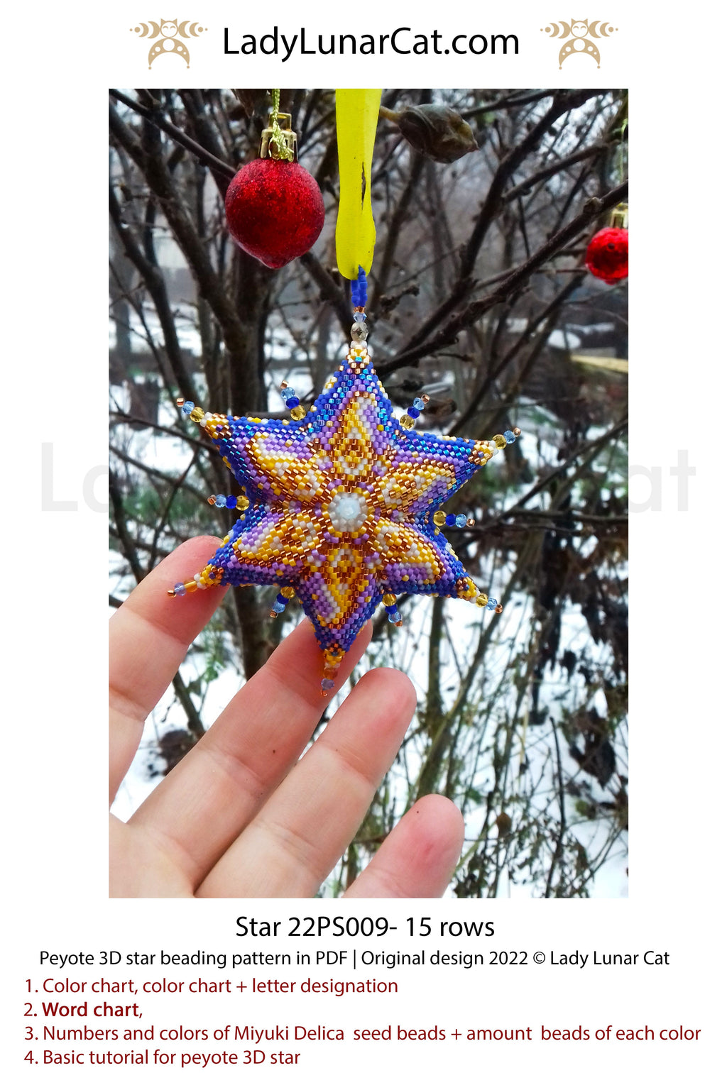 Peyote star pattern for beading - Star 22PS009 15 rows LadyLunarCat