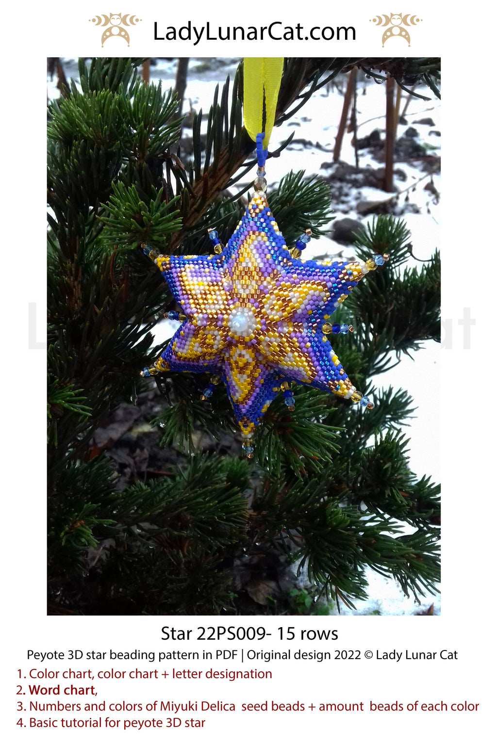 Peyote star pattern for beading - Star 22PS009 15 rows LadyLunarCat