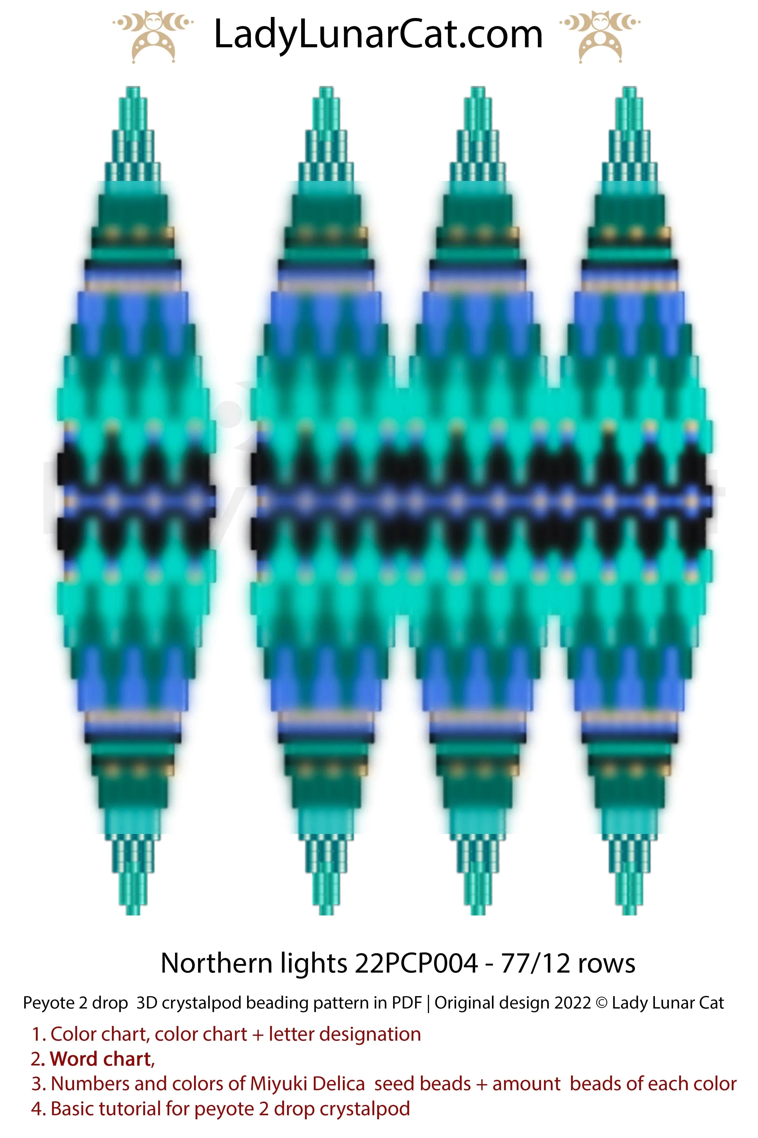 Northern Lights beaded crystalpod pattern chart - word chart and bead legend PDF LadyLunarCat