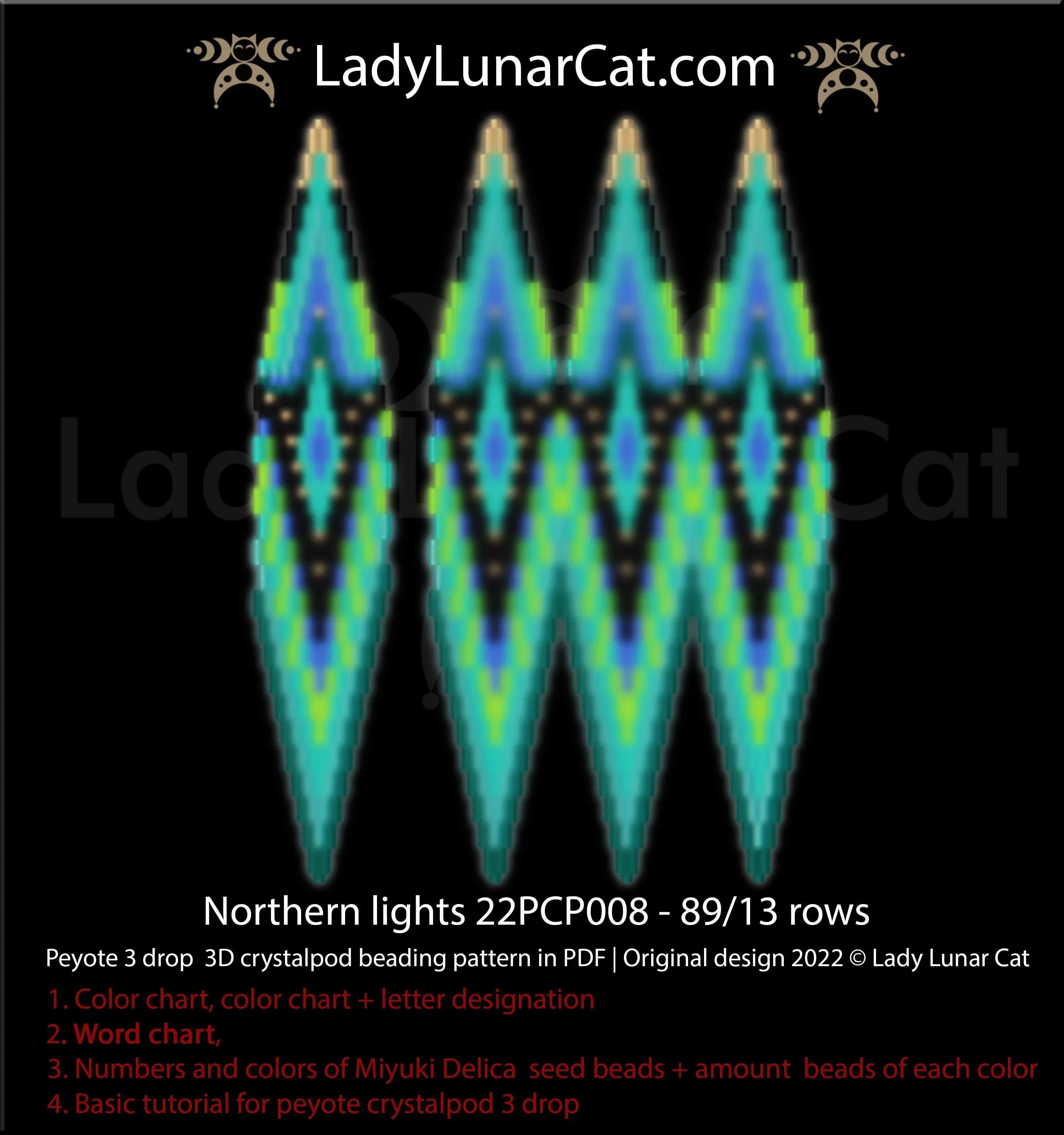 Northern Lights beaded crystalpod full view - 2-10 petal layers aurora celestial Miyuki Delica LadyLunarCat