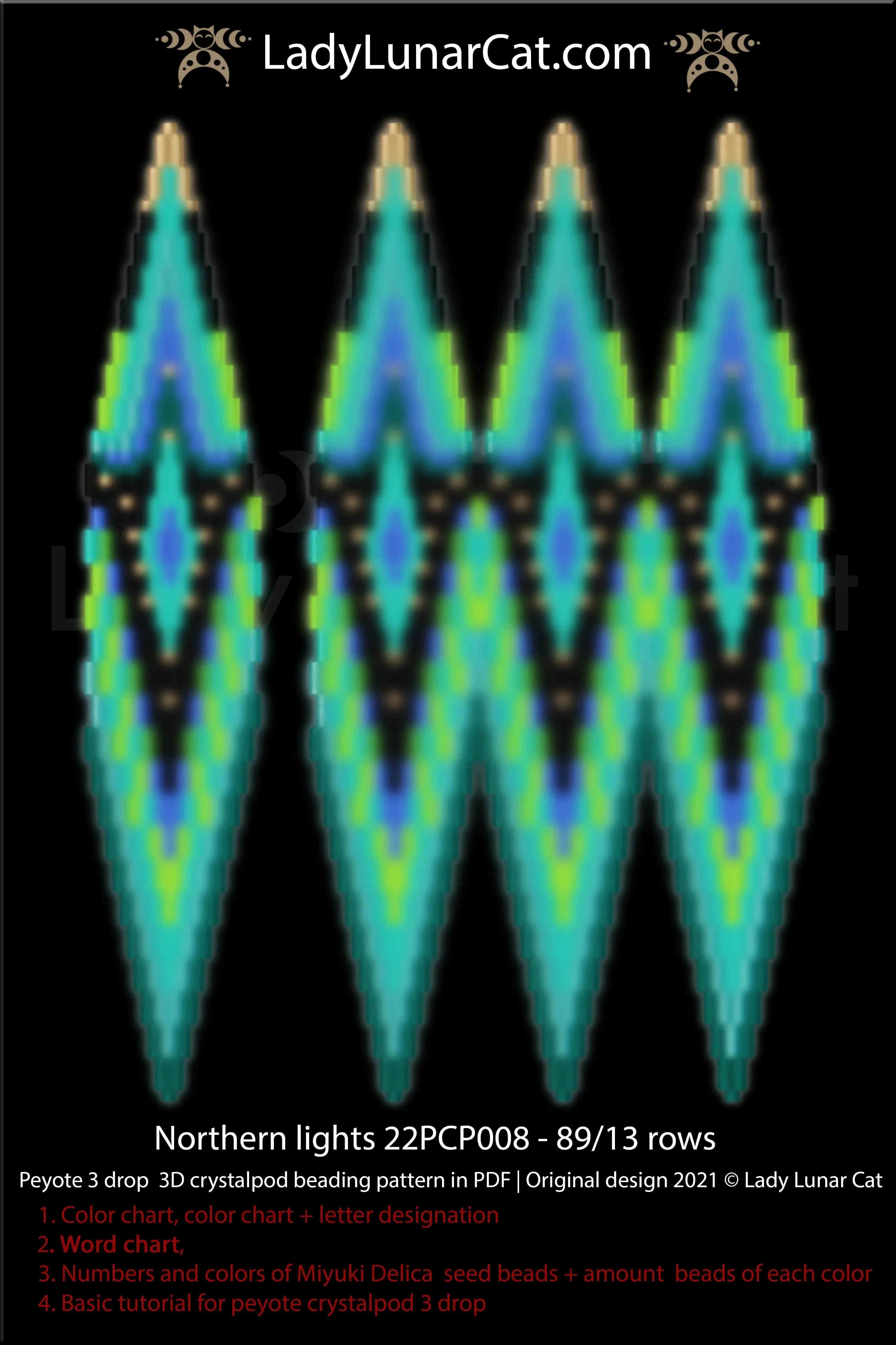 Northern Lights beaded crystalpod pattern chart - word chart and bead legend PDF LadyLunarCat