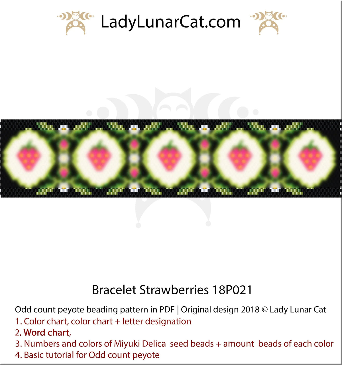 Strawberries peyote bracelet - 92x27 beads 46-bead element 7 colors odd count PDF LadyLunarCat