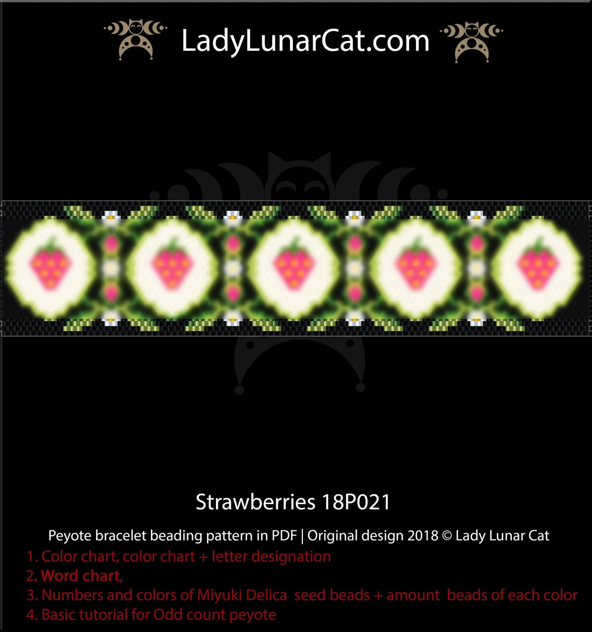 Strawberries beaded bracelet full view - cottagecore red summer Miyuki Delica LadyLunarCat