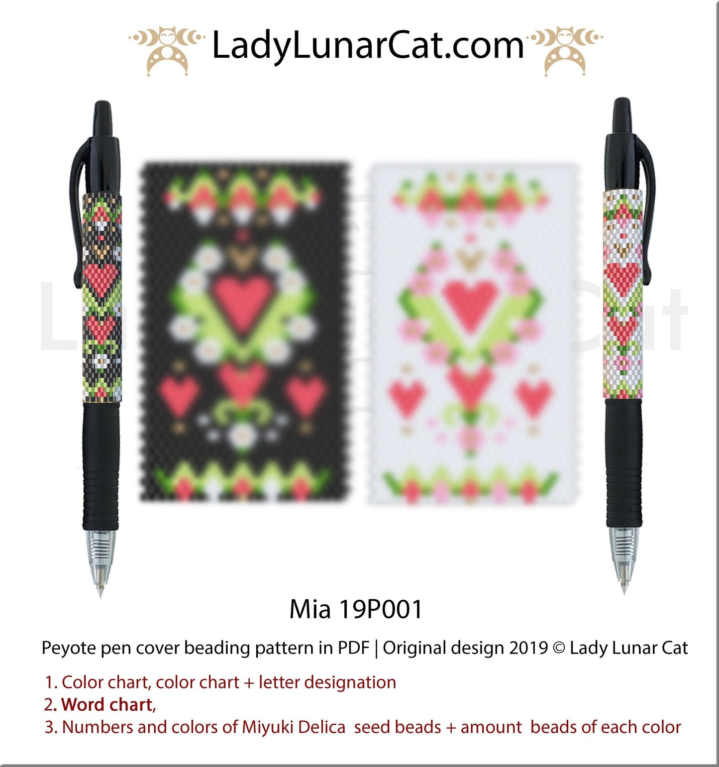 Pen cover peyote beading pattern Mia  Valentines Day 19P001 LadyLunarCat
