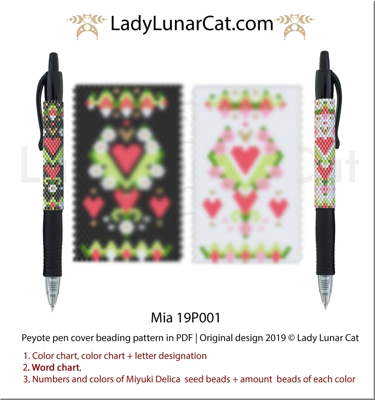 Mia peyote pen cover and ring pattern PDF by Lady Lunar Cat — Valentine 19P001