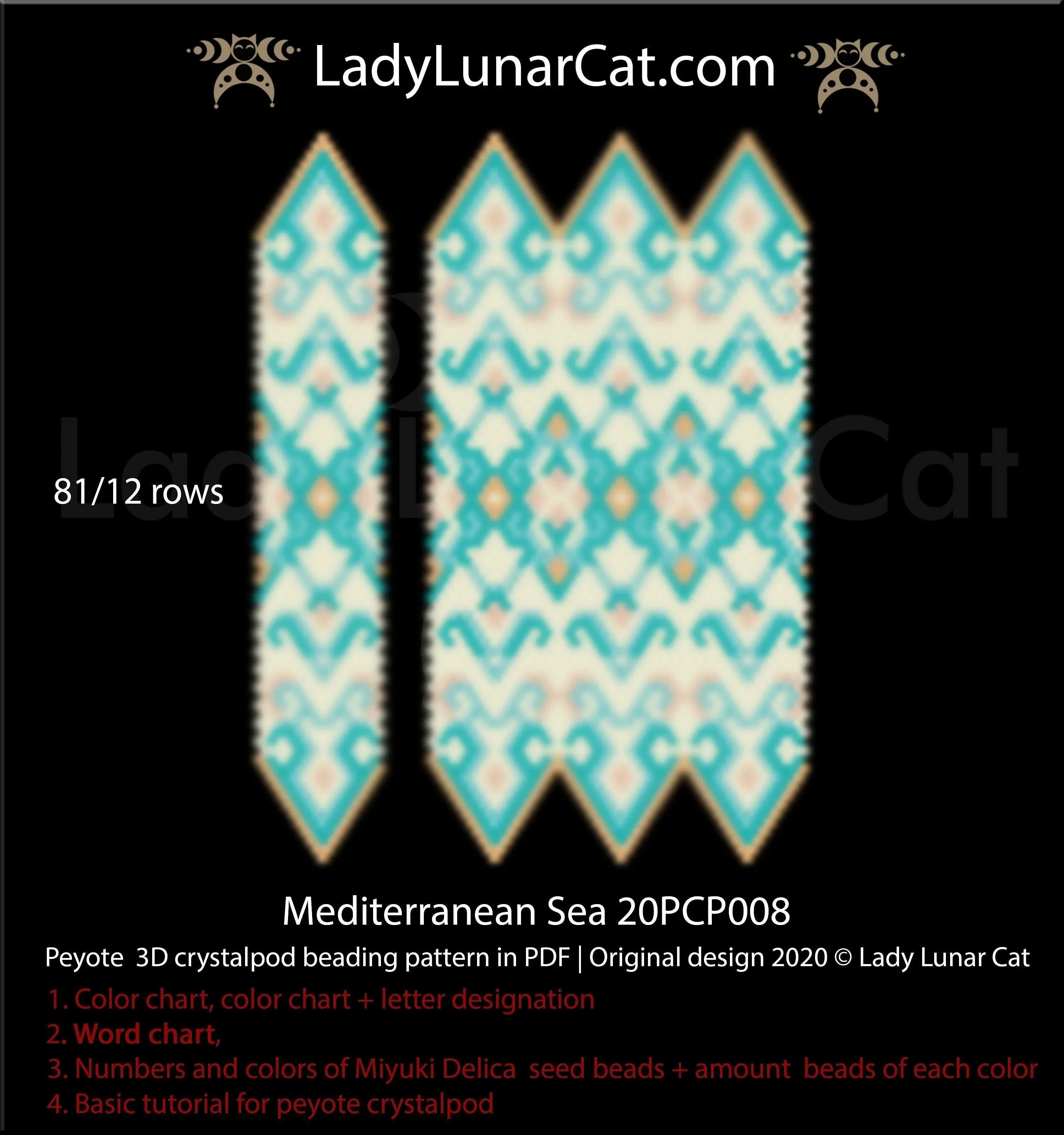 Peyote crystalpod Mediterranean sea — 81 beads, 12 rows, any petals, instant download